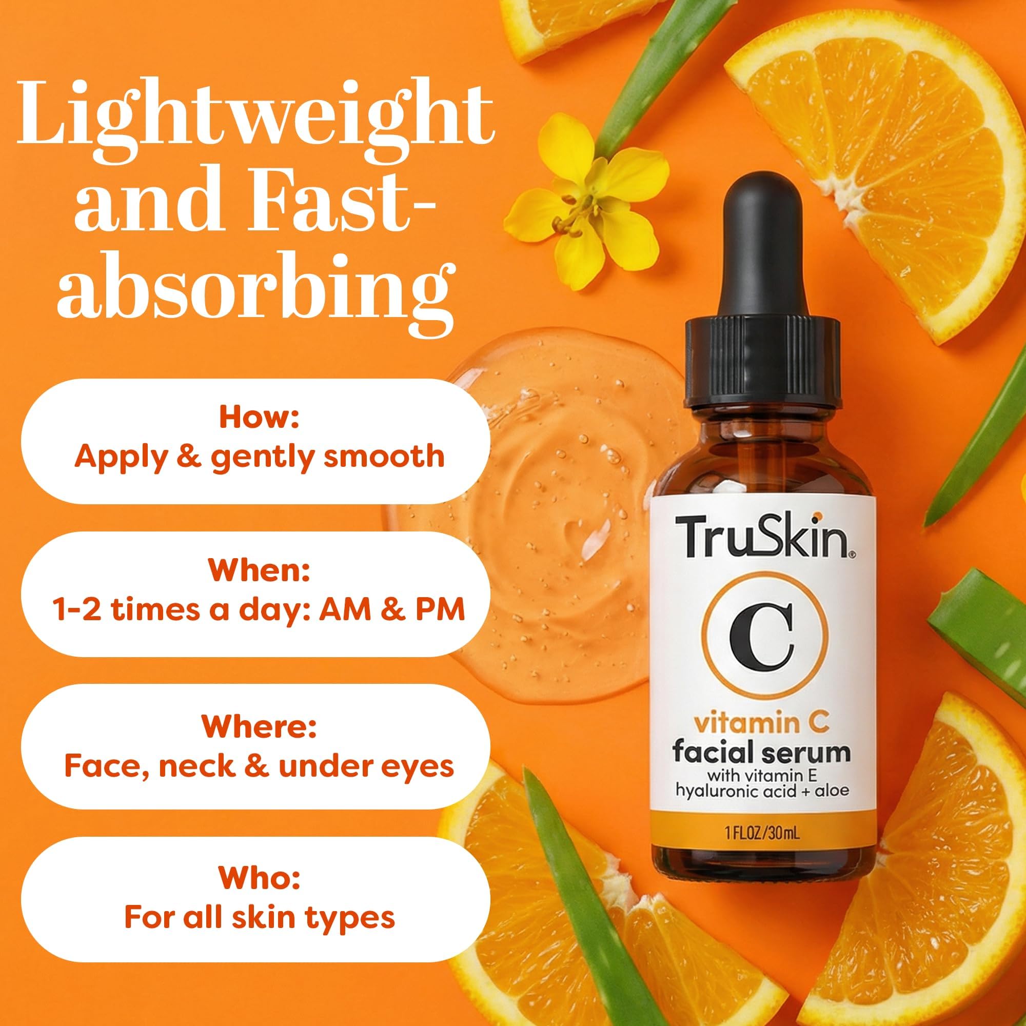 Texture shot of TruSkin anti aging face serum being dispensed from a glass dropper