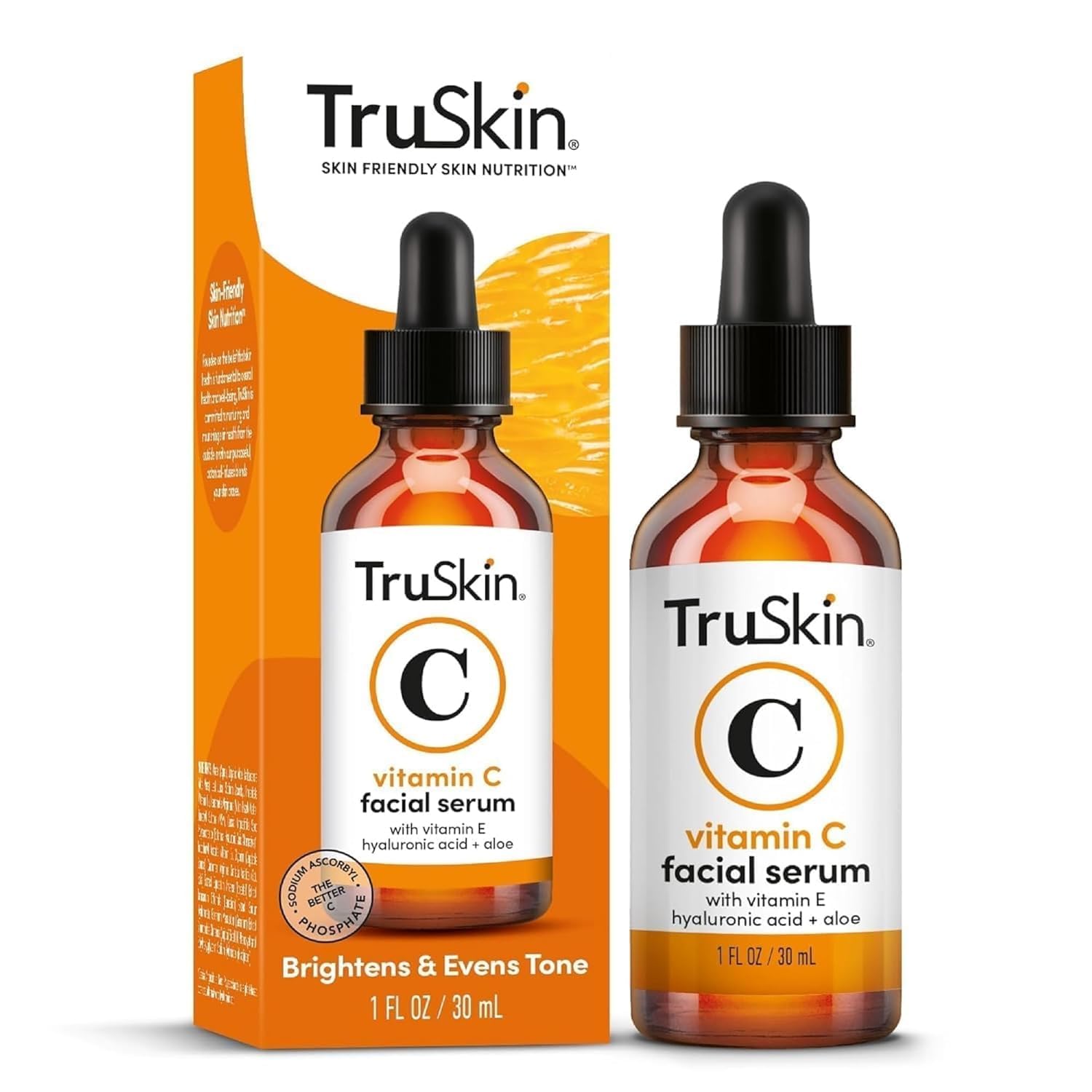 USA imported TruSkin Vitamin C skin brightening serum bottle standing upright on a clean surface