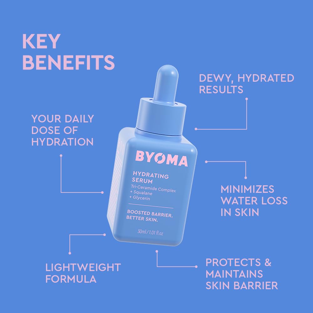 Byoma Hydrating Serum bottle showing squalane and glycerin benefits