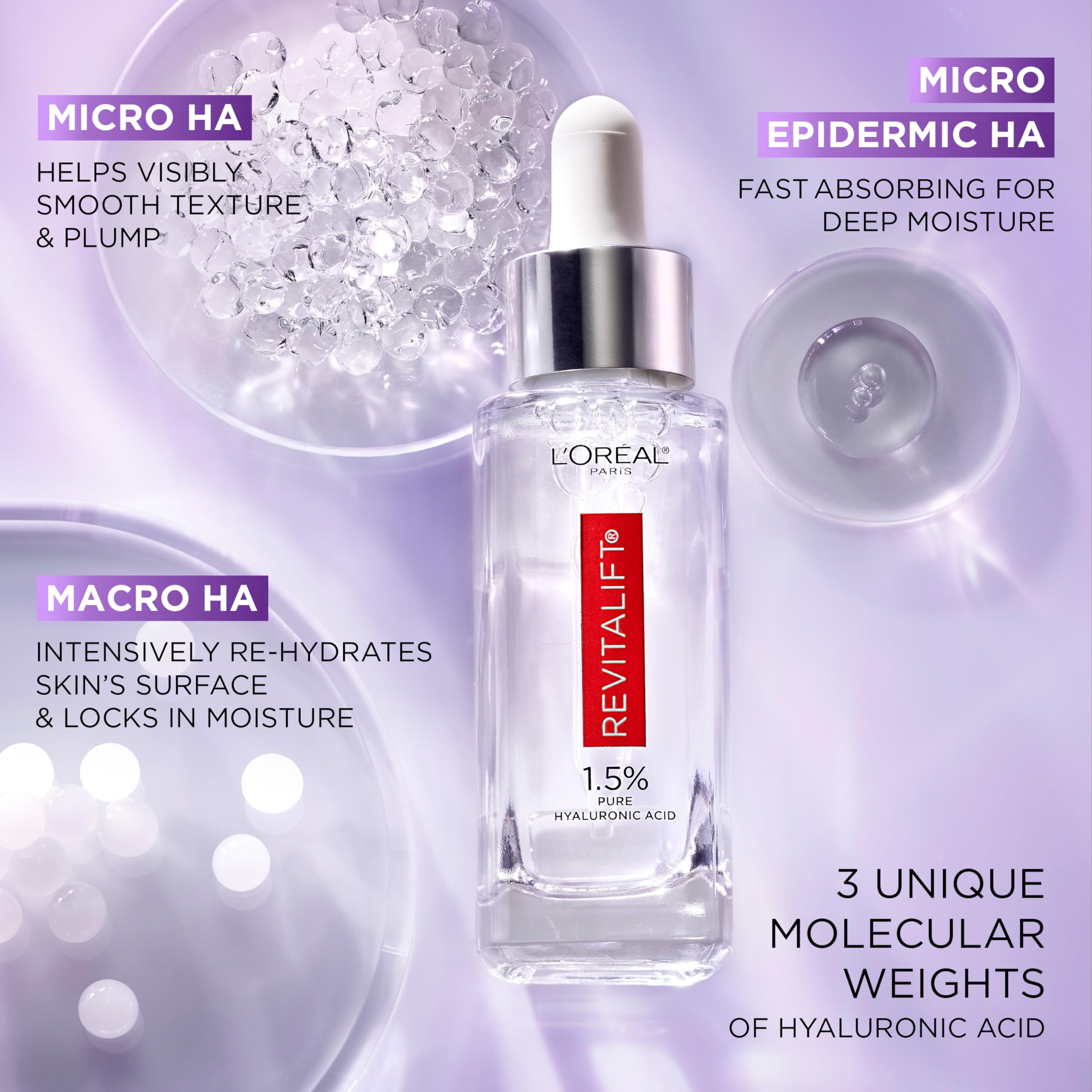 Dermatologist validated fragrance free hyaluronic acid hydrating face serum presentation