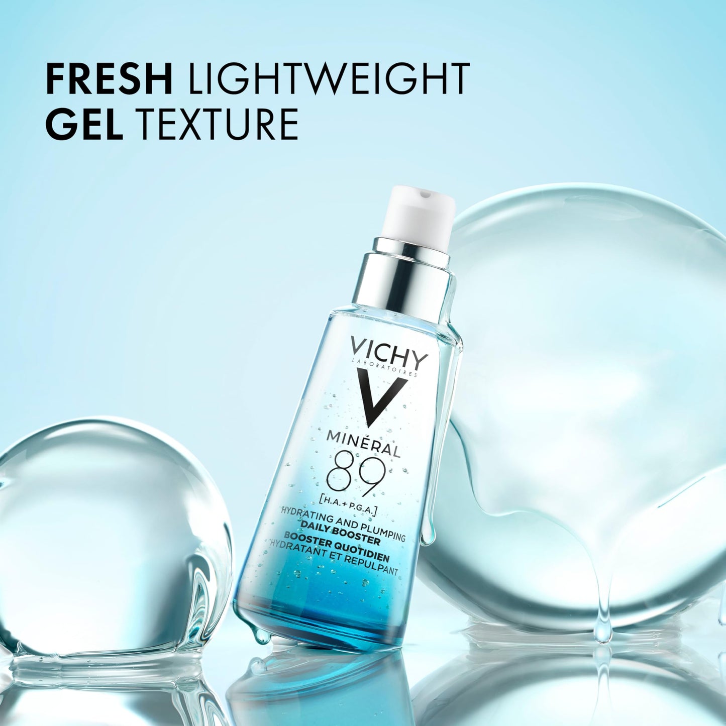 Vichy Mineral 89 Daily Booster packaging box detailing the clean ingredient benefits.