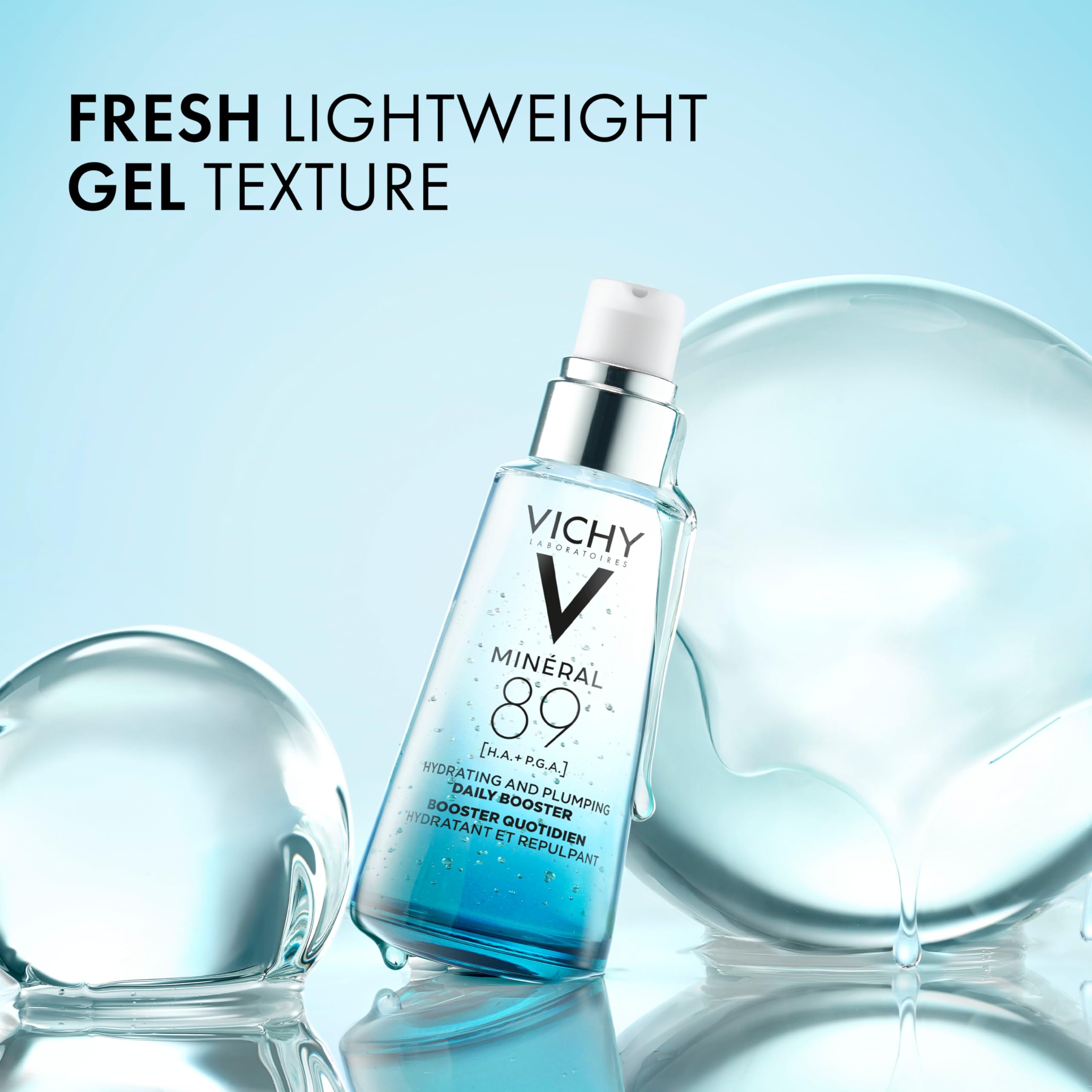 Vichy Mineral 89 Daily Booster packaging box detailing the clean ingredient benefits.