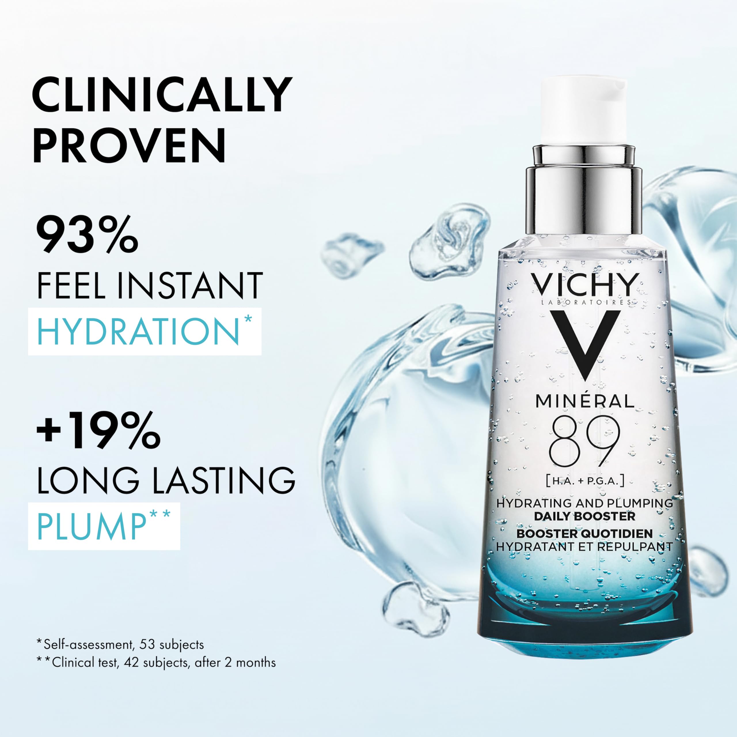 Vichy Mineral 89 pure hyaluronic acid hydrating serum bottle standing upright.