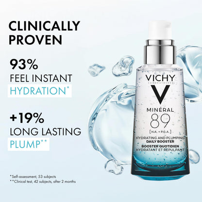 Vichy Mineral 89 pure hyaluronic acid hydrating serum bottle standing upright.