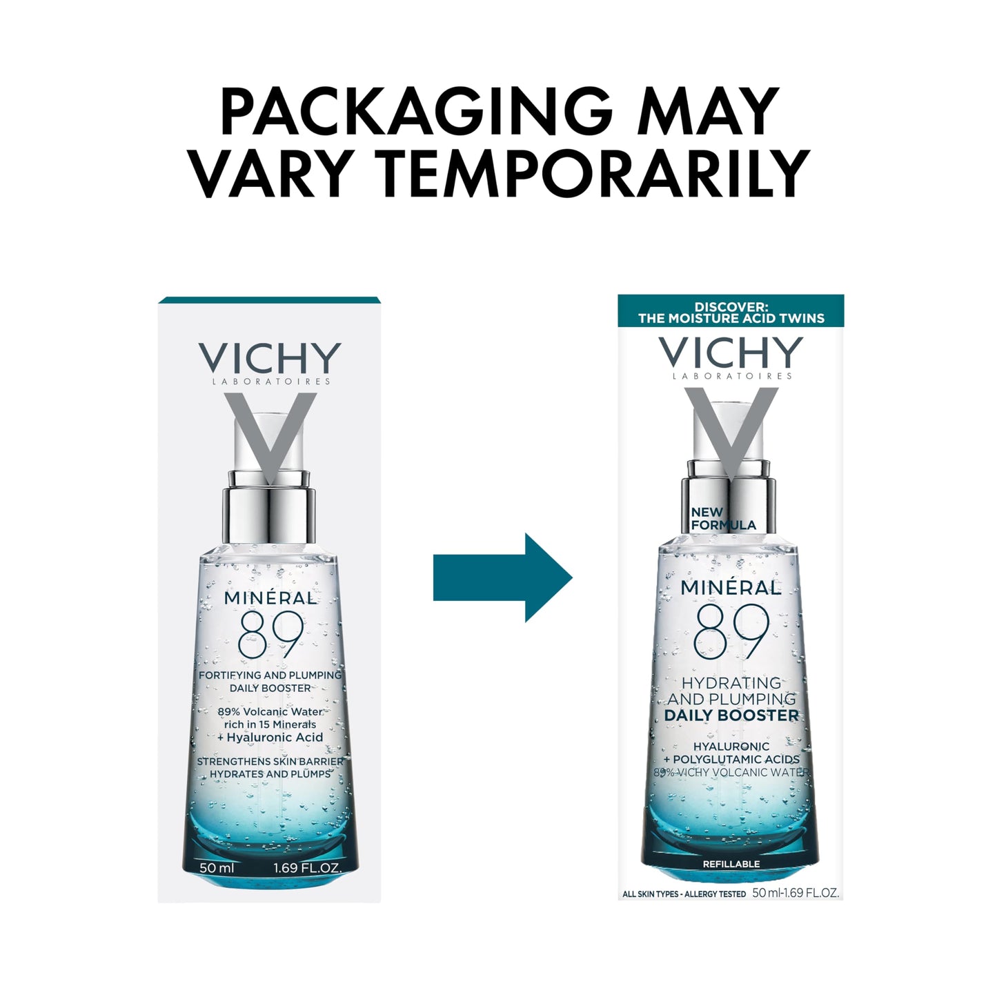 Vichy Mineral 89 face serum product line highlighting the silver pump cap.