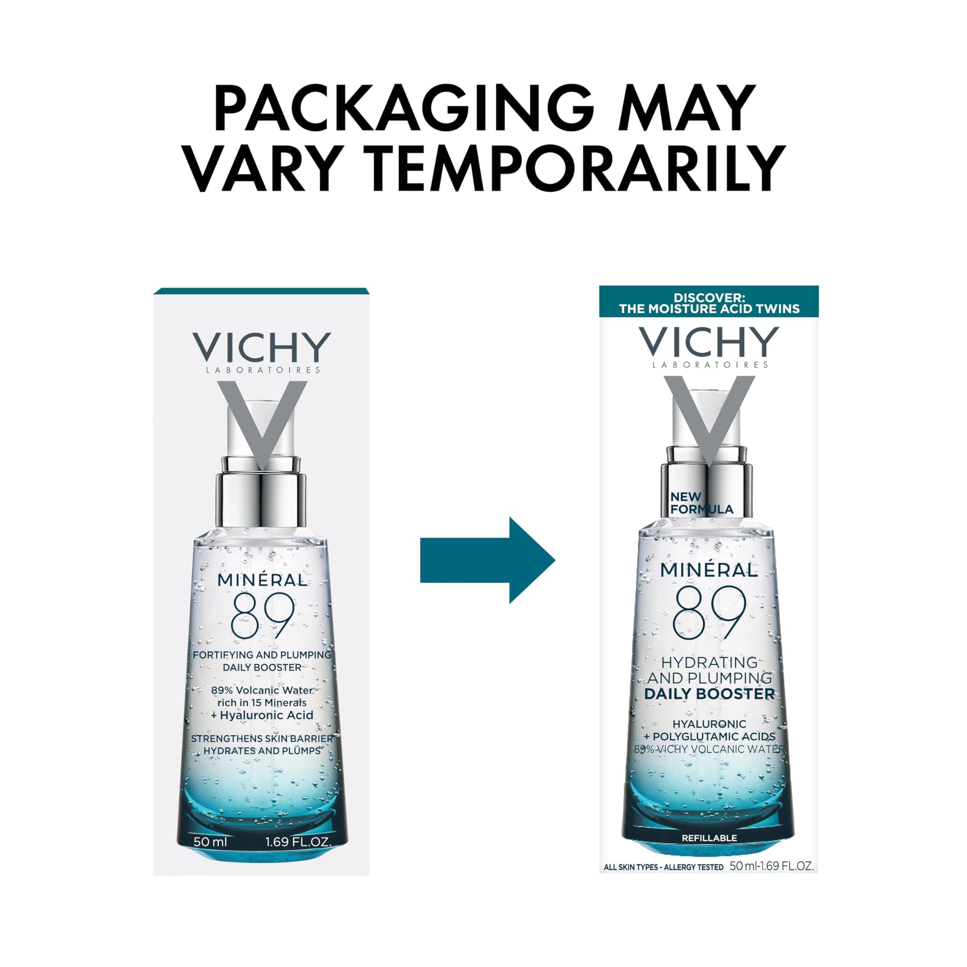 Vichy Mineral 89 face serum product line highlighting the silver pump cap.