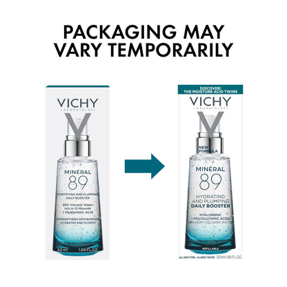 Vichy Mineral 89 face serum product line highlighting the silver pump cap.