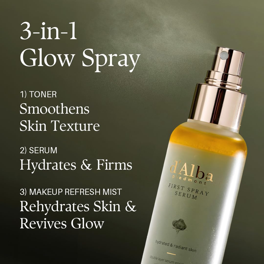 Application of D'alba glow serum mist on face