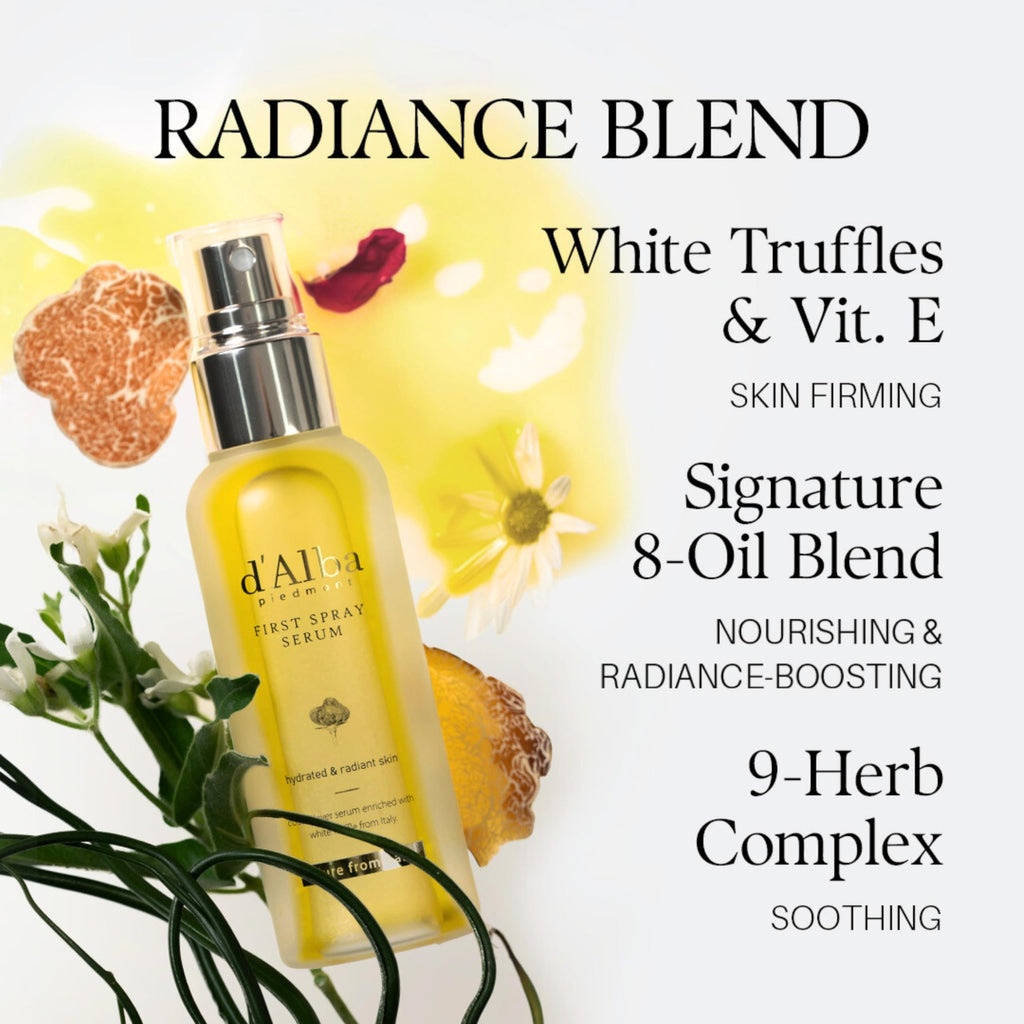 D'Alba Korean skincare spray bottle posed with natural botanical ingredients