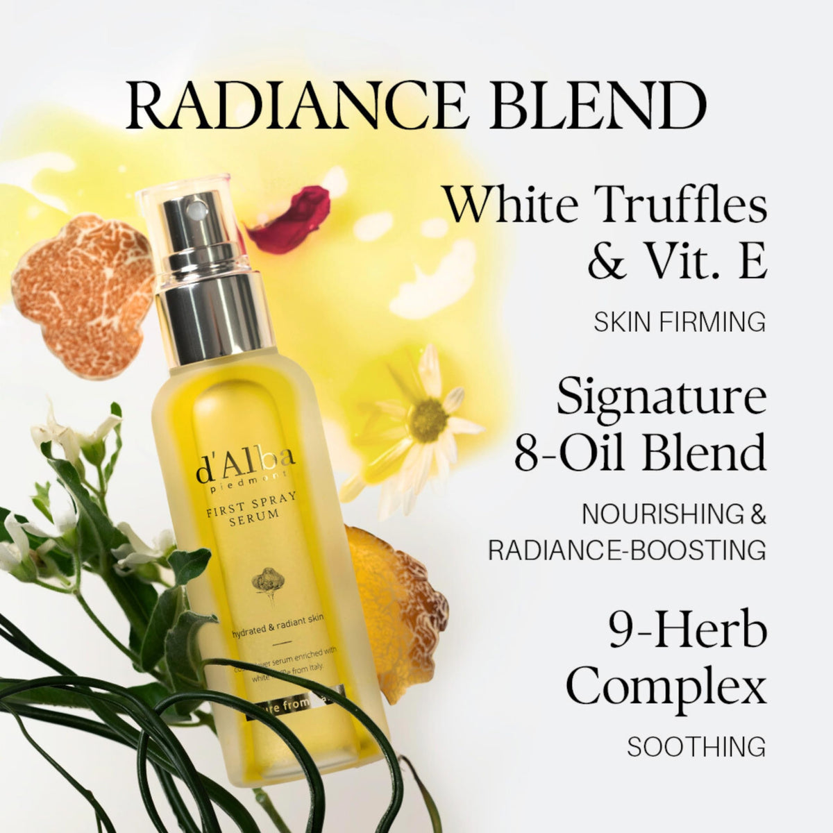 D'Alba Korean skincare spray bottle posed with natural botanical ingredients