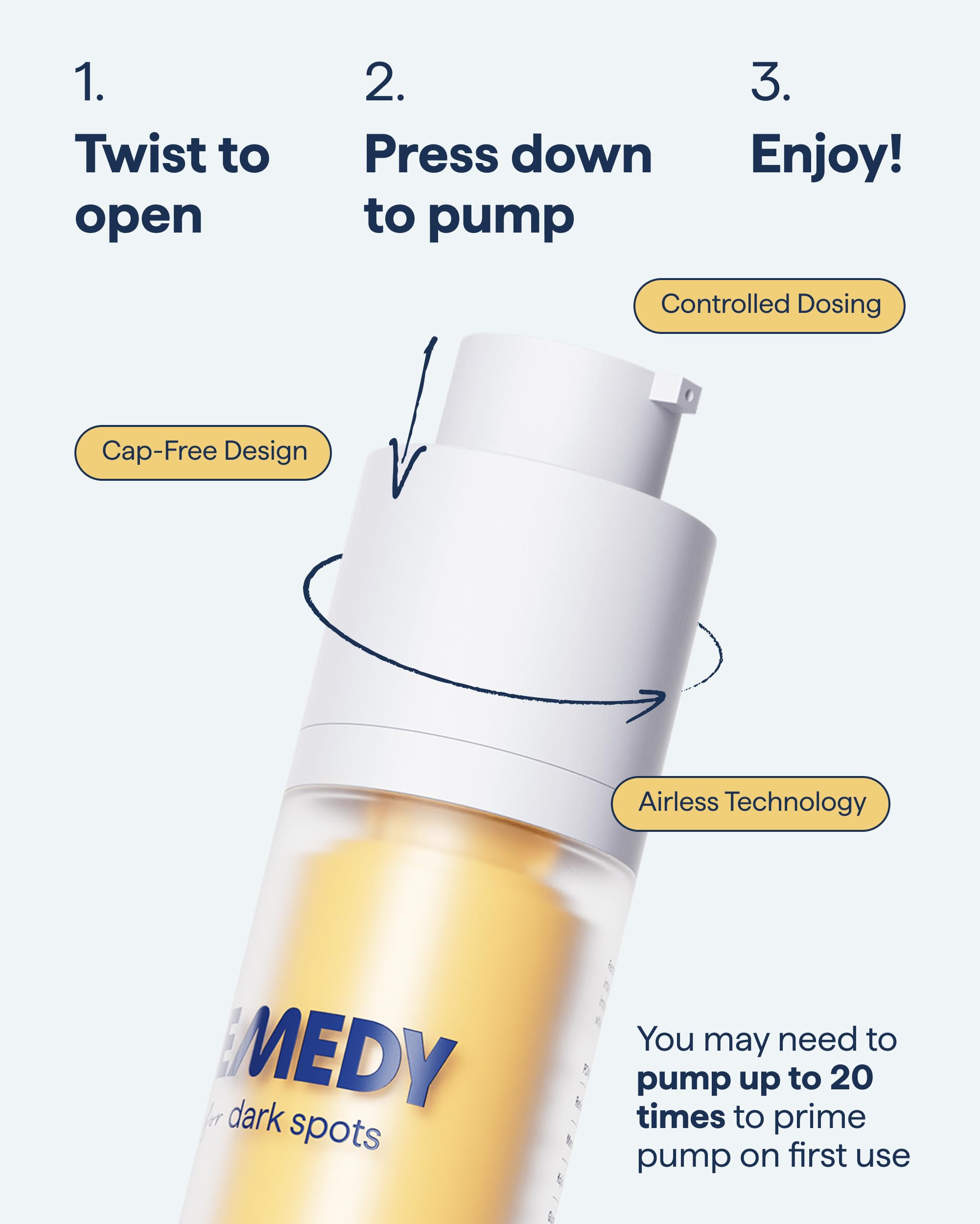 Close up of Remedy Science serum pump dispenser highlighting the premium skincare packaging design