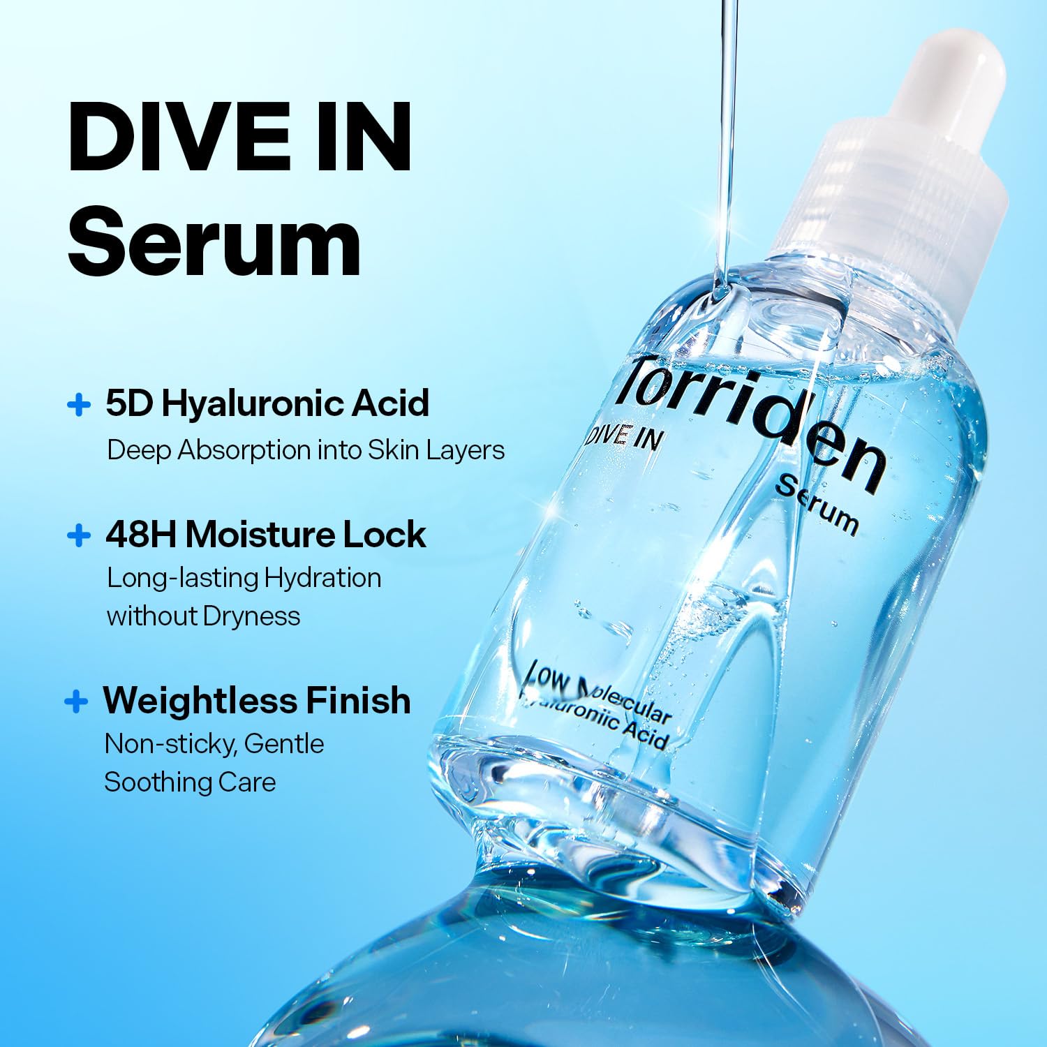 Torriden low molecular hydrating face serum container showing the clean vegan formula.