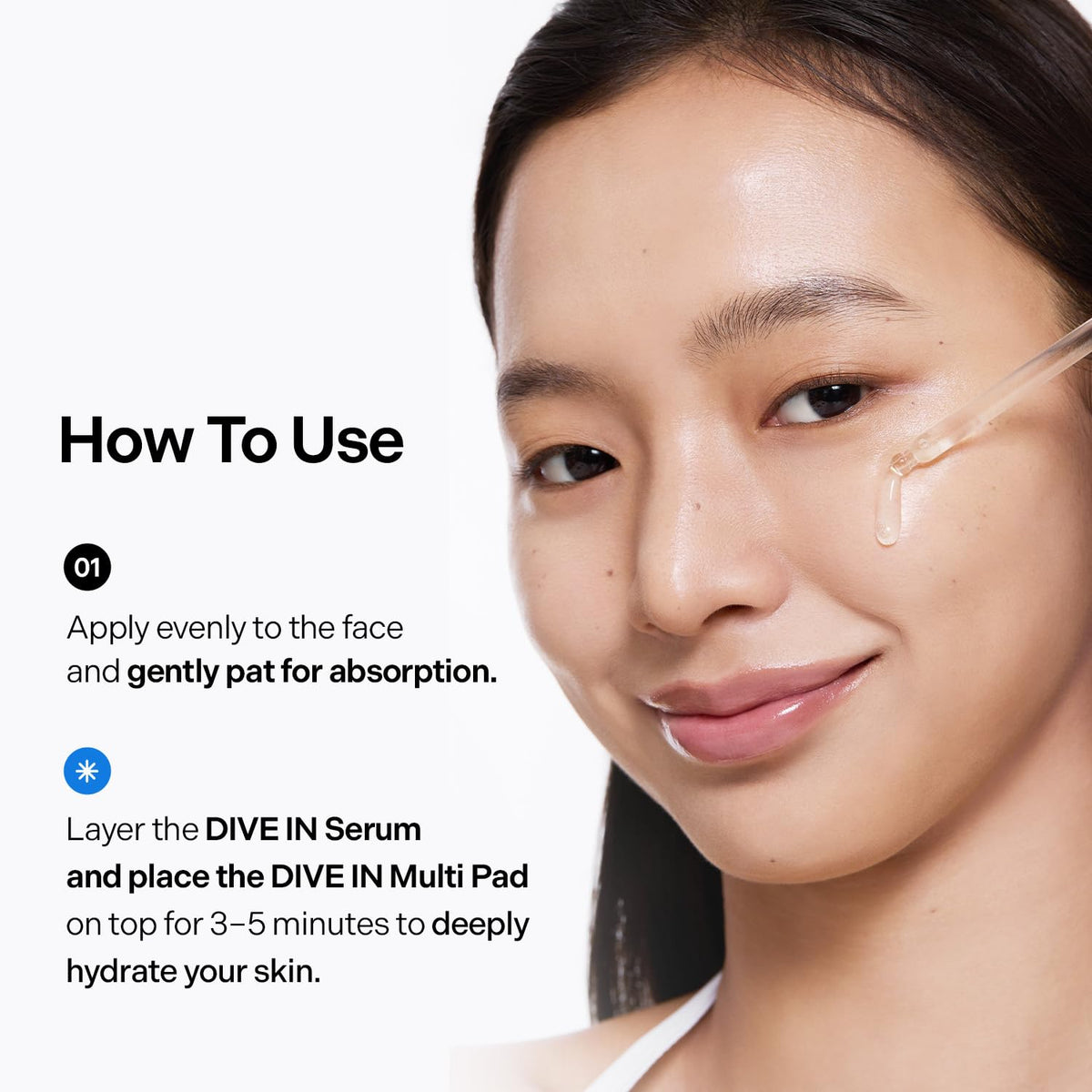 Torriden Dive In Serum applied on skin showing dewy glow