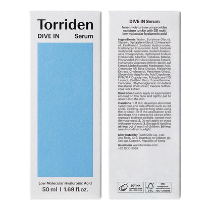 Torriden Dive In clean beauty hydration serum box showing the ingredient details.