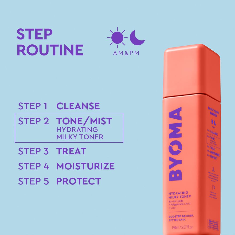 Byoma Hydrating Milky Toner bottle paired with skincare routine products