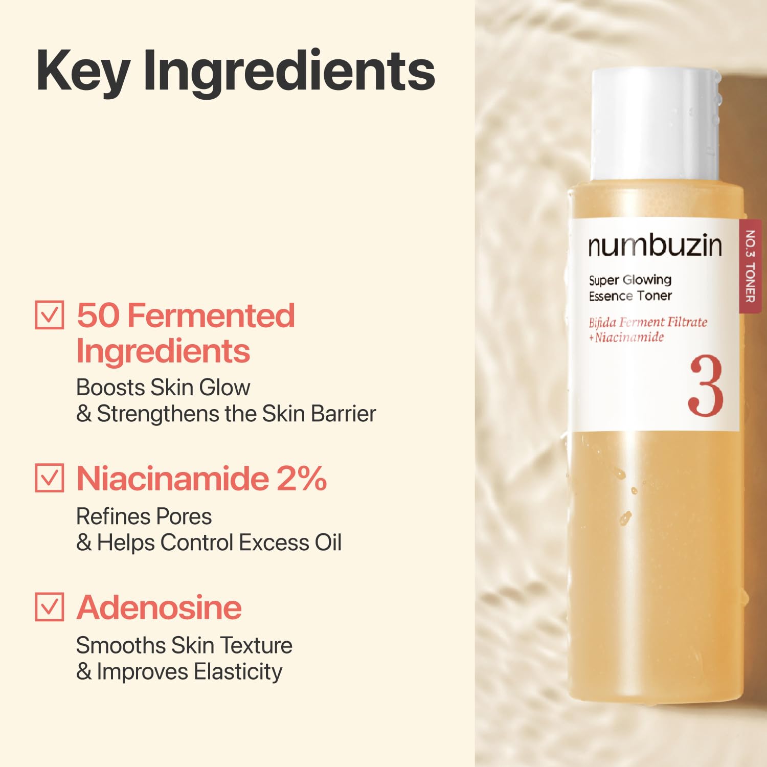 Korean glass skin toner by Numbuzin with niacinamide and bifida ferment extracts