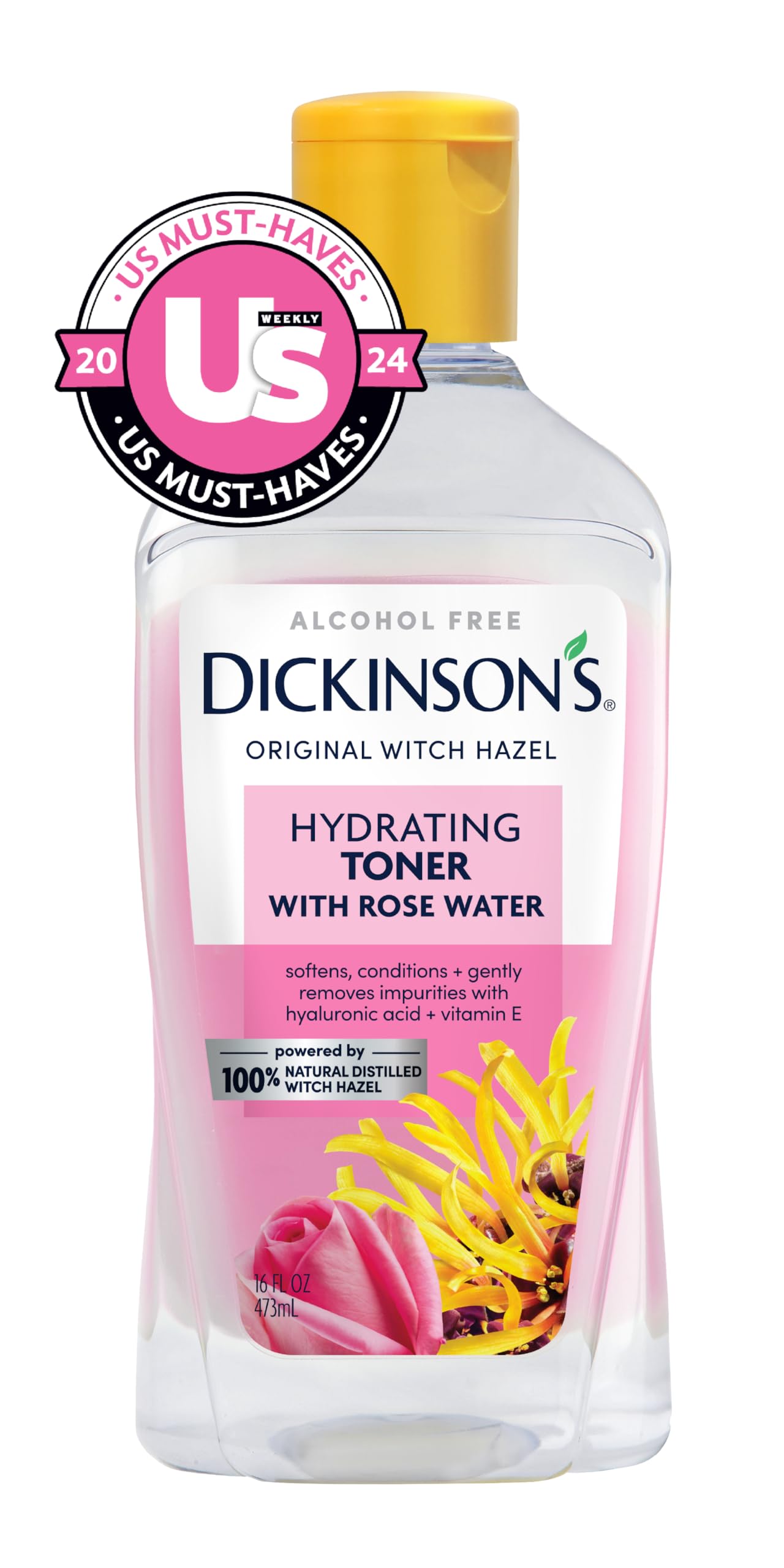 Dickinson's witch hazel rosewater toner bottle with ingredients label