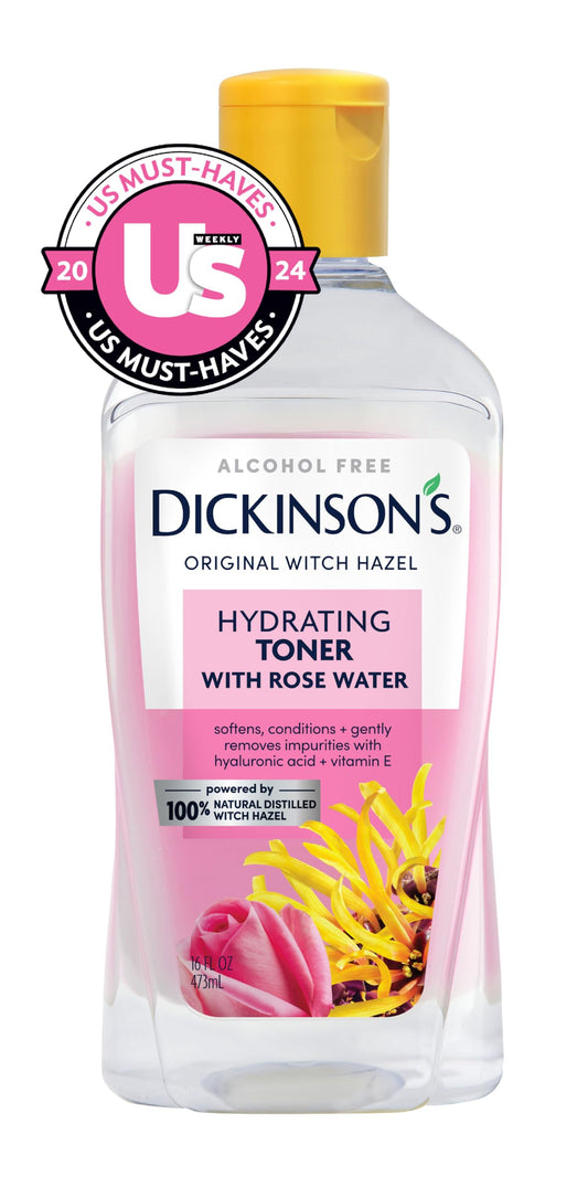 Dickinson's witch hazel rosewater toner bottle with ingredients label