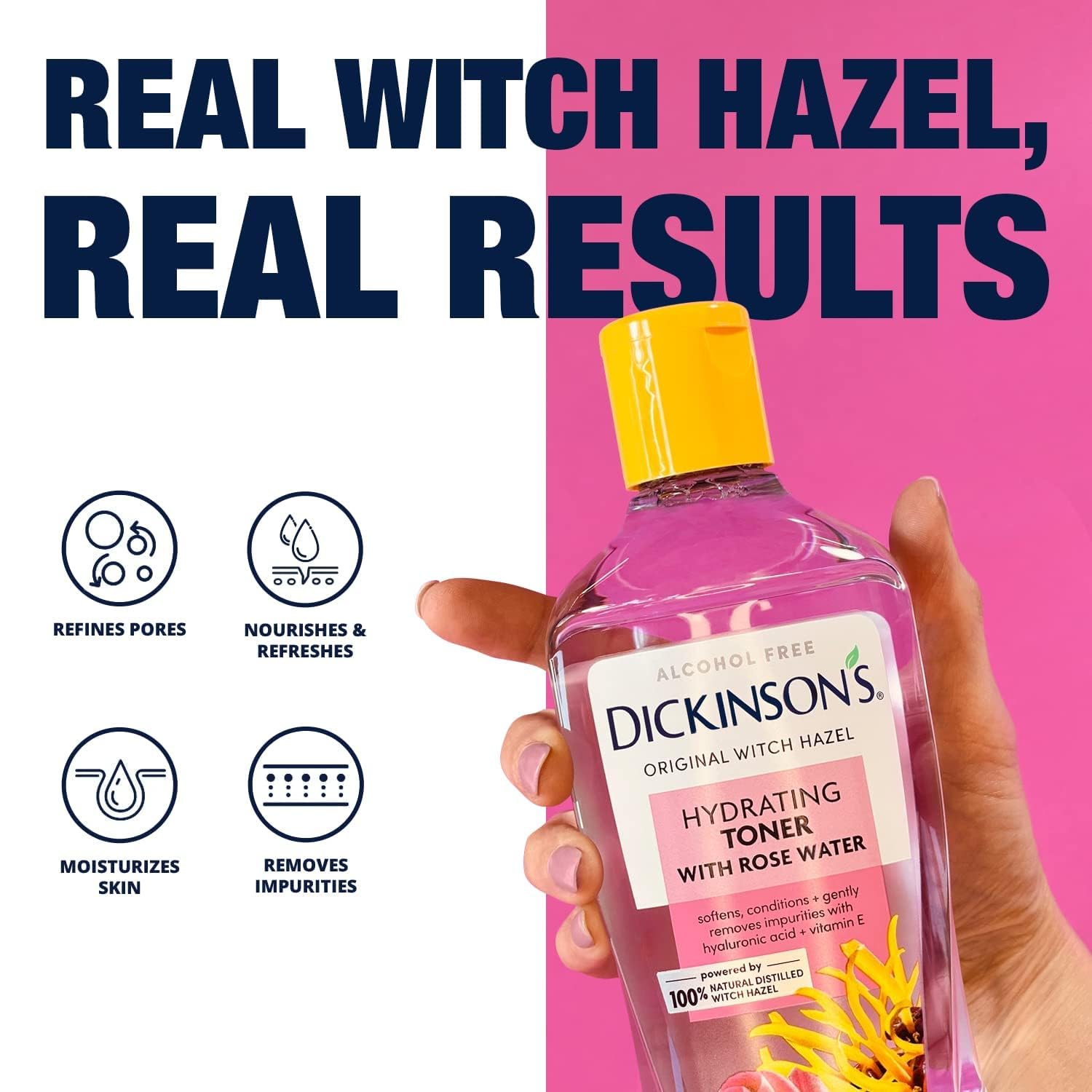 Close up of Dickinson's hydrating toner bottle showing alcohol free formula