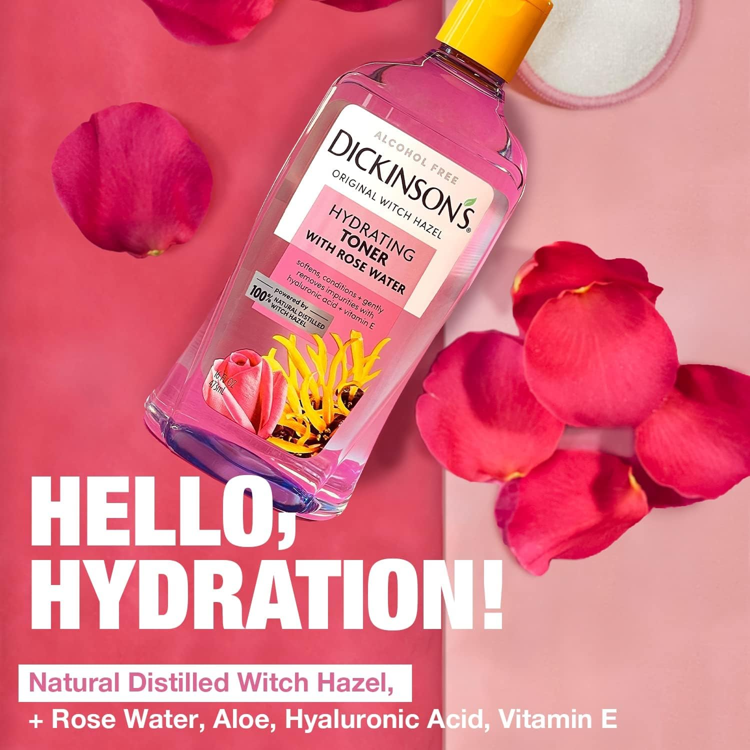Dickinson's rosewater witch hazel toner 16 ounce bottle on a skincare background