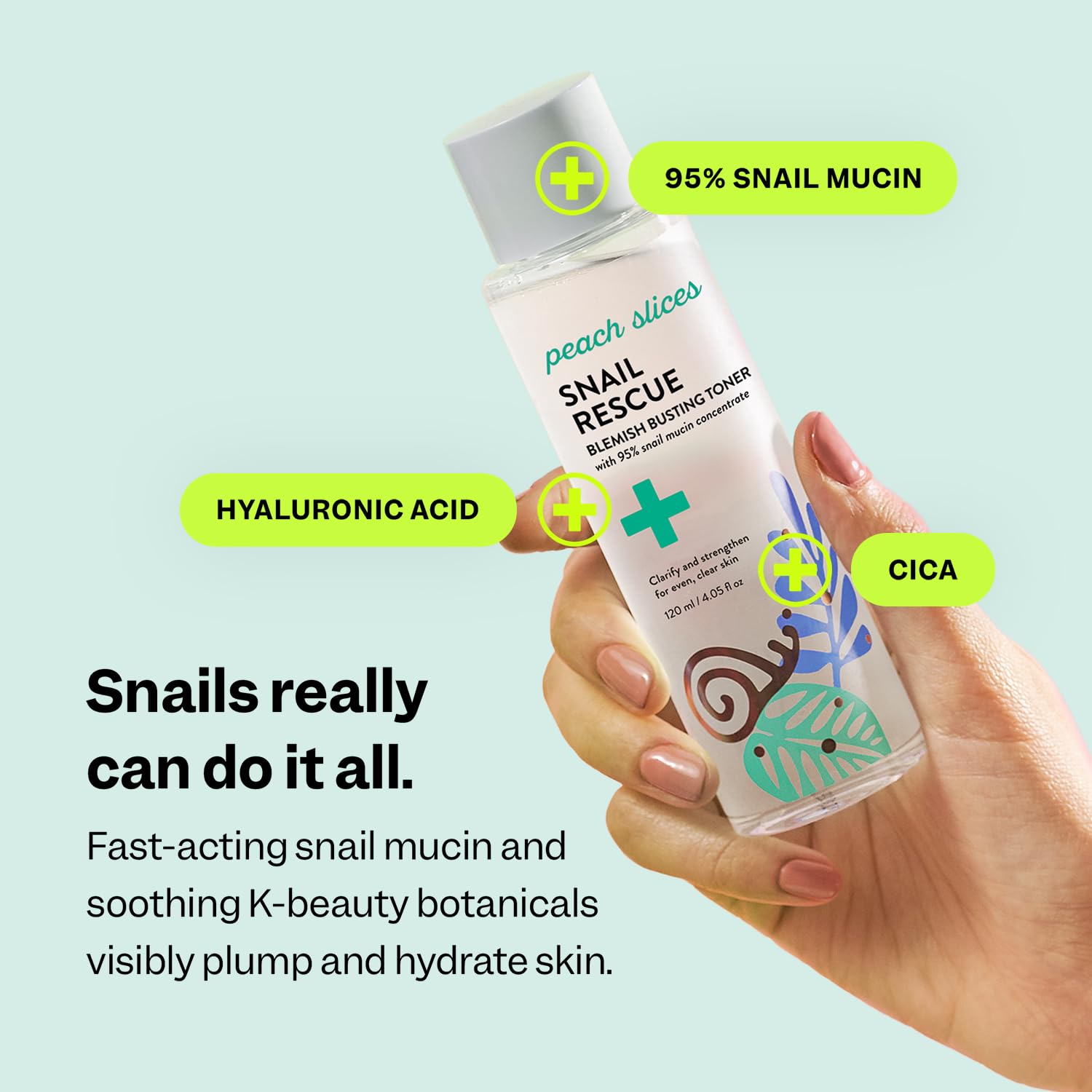 Peach Slices Snail Rescue Blemish Busting Toner packaging displaying ninety-five percent snail mucin concentrate