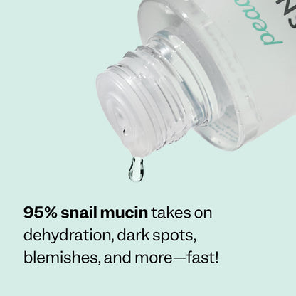 Peach Slices Snail Rescue Toner bottle angled view showing ingredients like hyaluronic acid and cica
