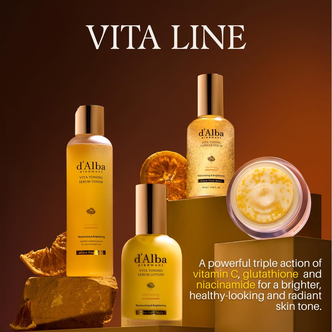 d'Alba Vita Toning Brightening Toner 180ml bottle showing the lightweight water-like serum texture