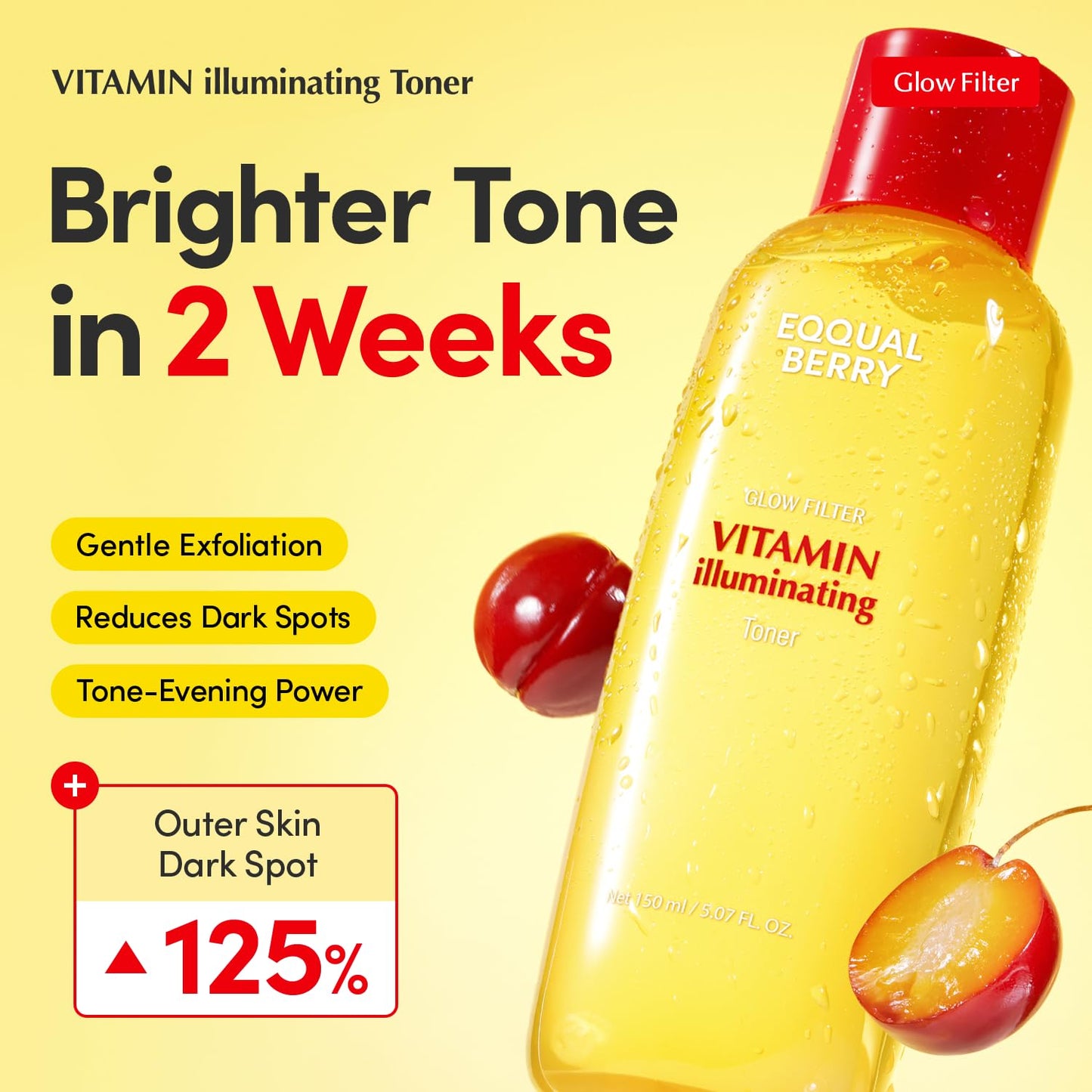 EQQUALBERRY brightening toner bottle highlighting red cap and yellow packaging details