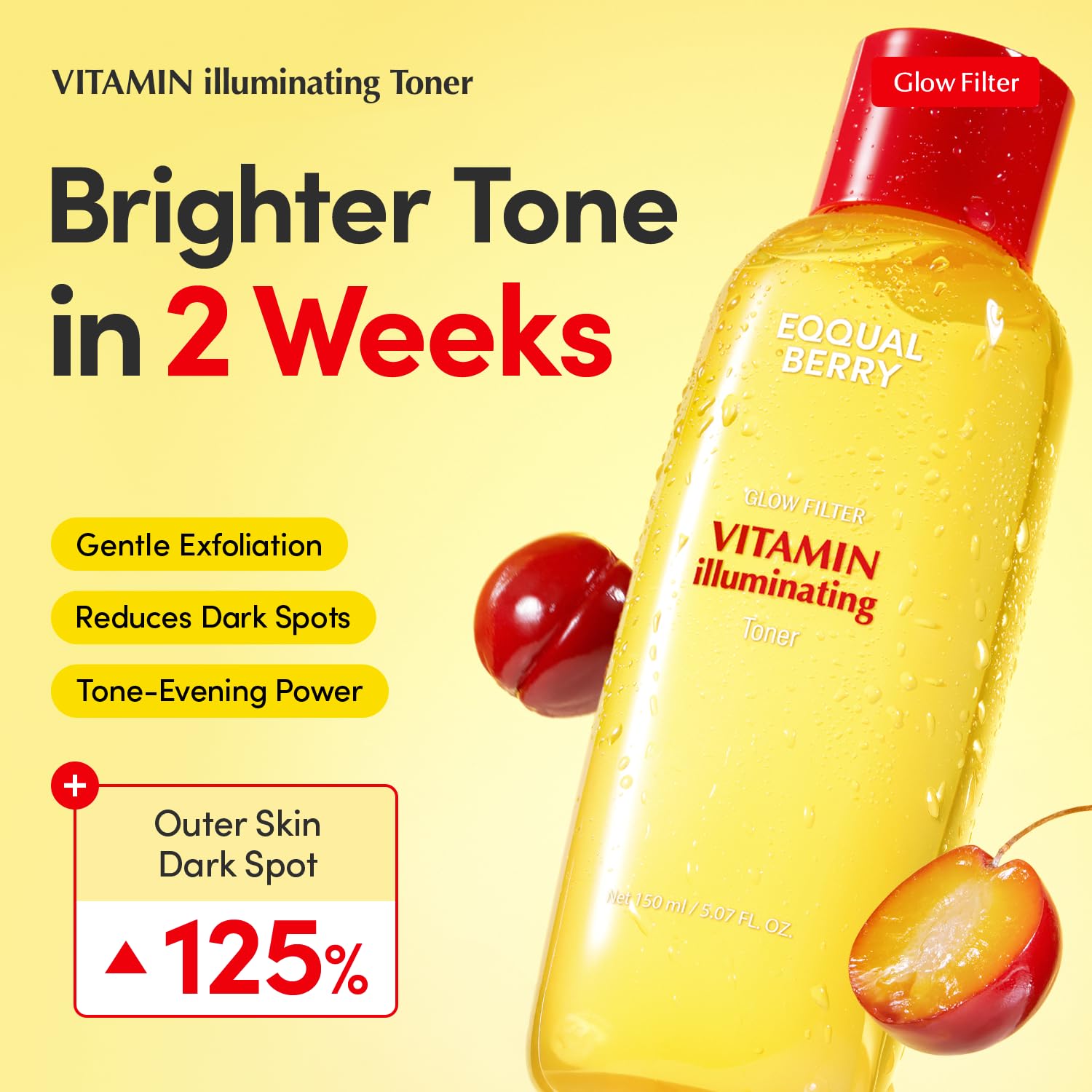 EQQUALBERRY brightening toner bottle highlighting red cap and yellow packaging details