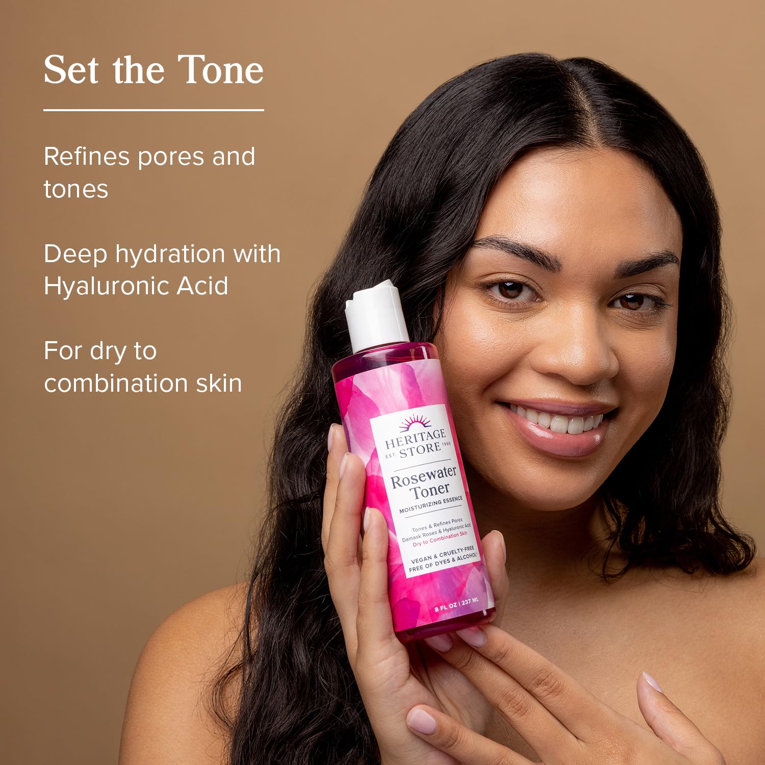 Close up of Heritage Store toner label showing Hyaluronic Acid benefits