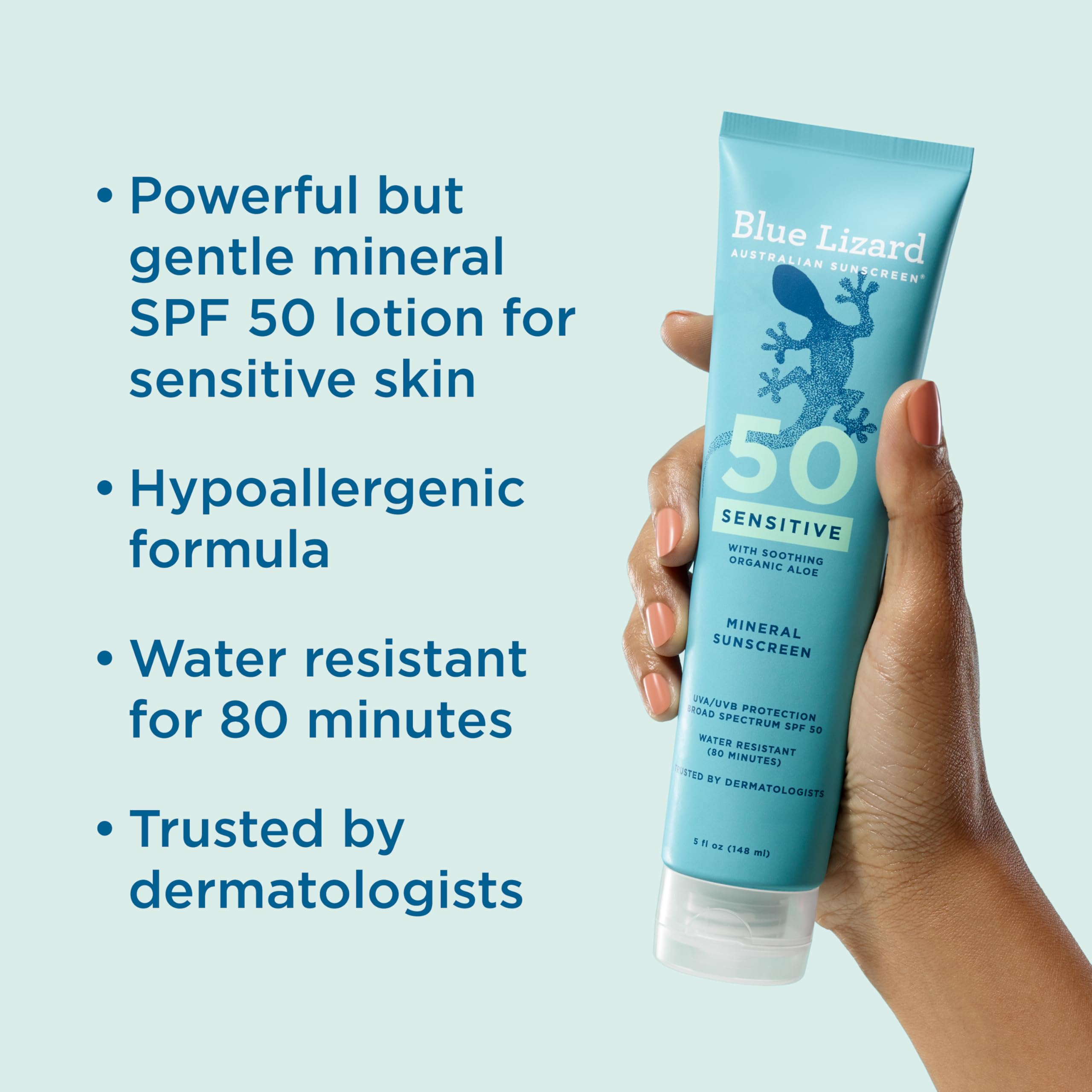 Blue Lizard Sensitive mineral sunscreen tube with SPF 50 label