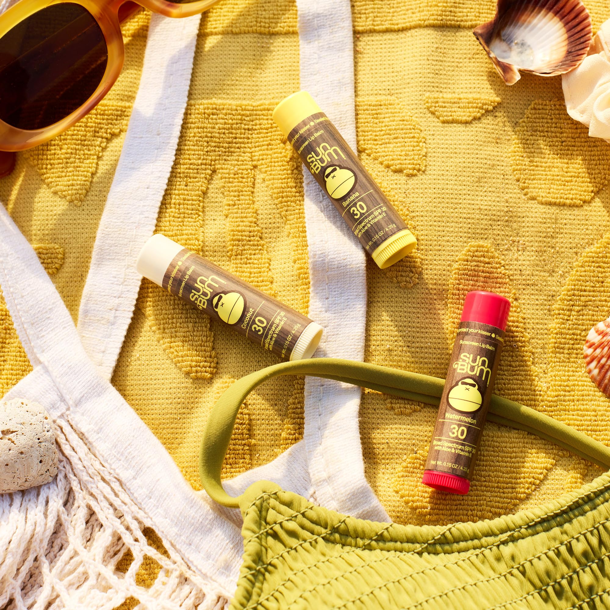 Sun Bum SPF 30 lip balm packaging back view with ingredients