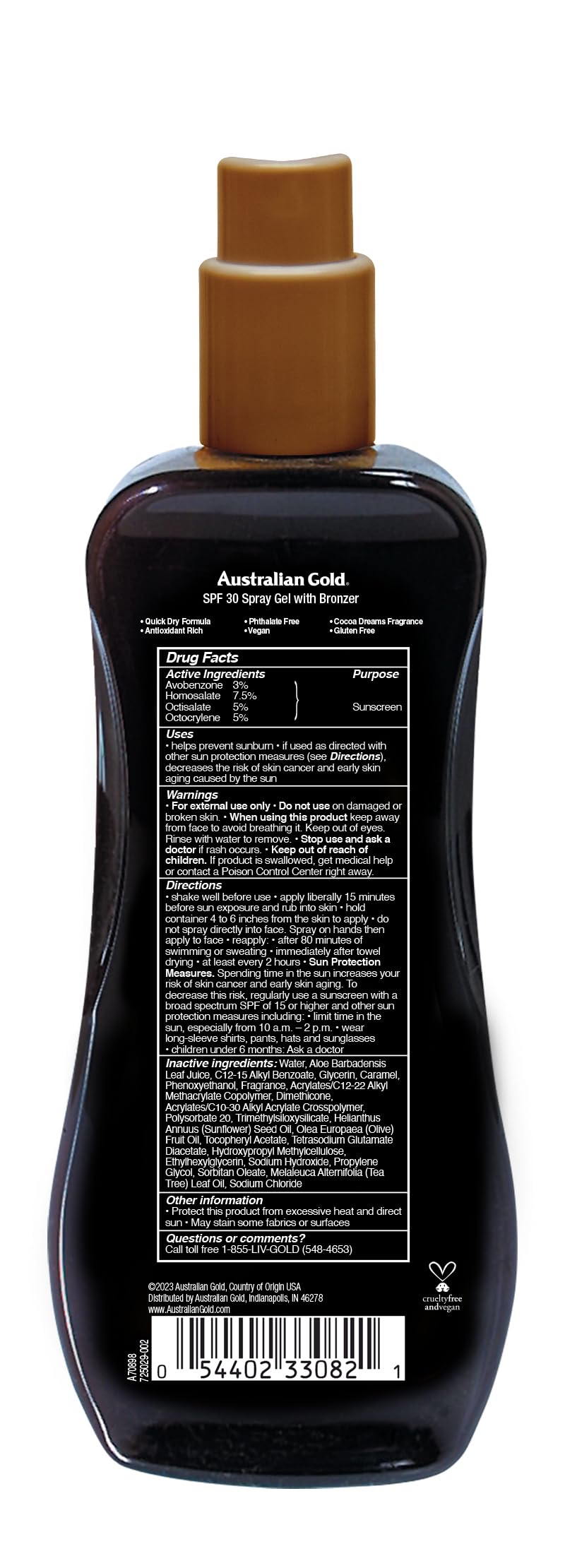 Australian Gold SPF 30 spray gel bottle showing bronzing benefits
