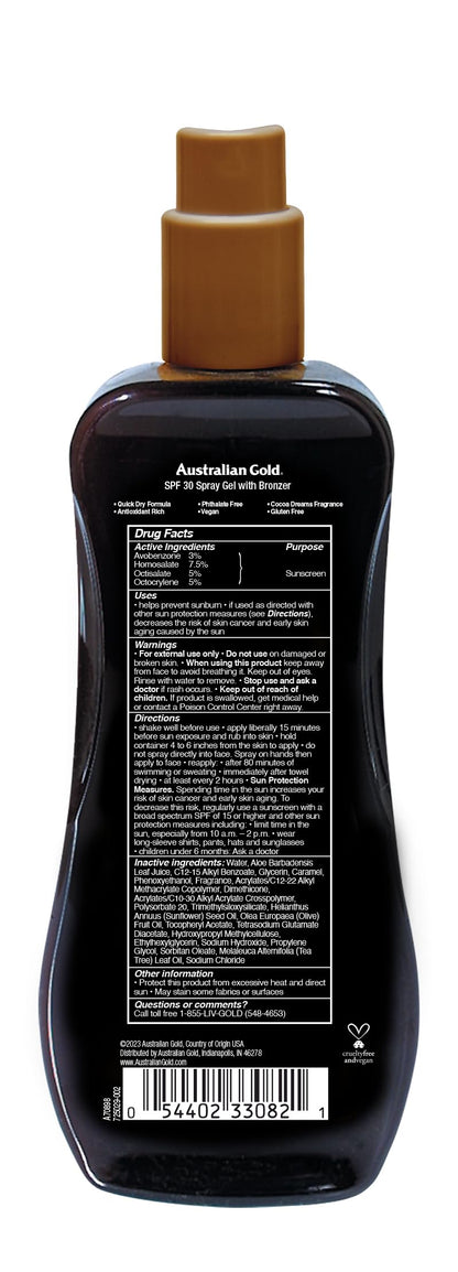 Australian Gold SPF 30 spray gel bottle showing bronzing benefits