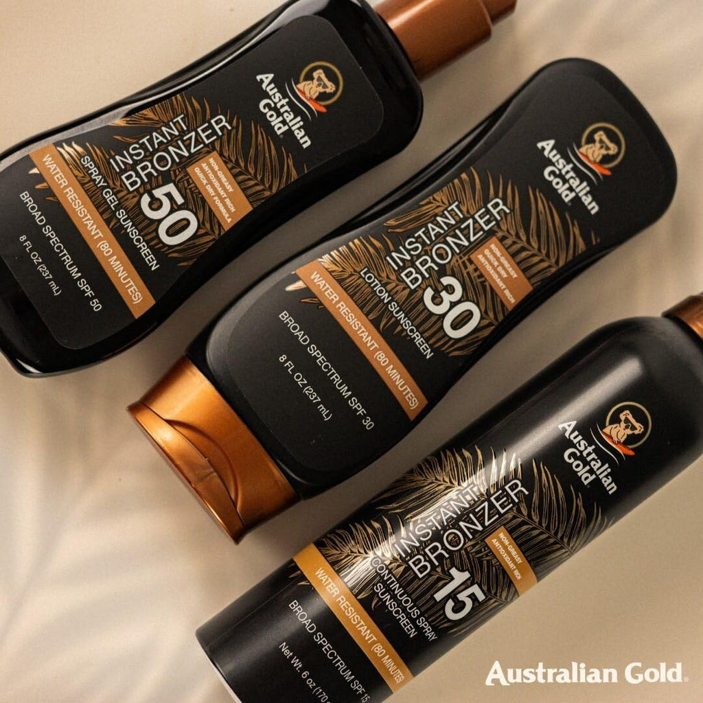 Australian Gold spray gel sunscreen complete product set view