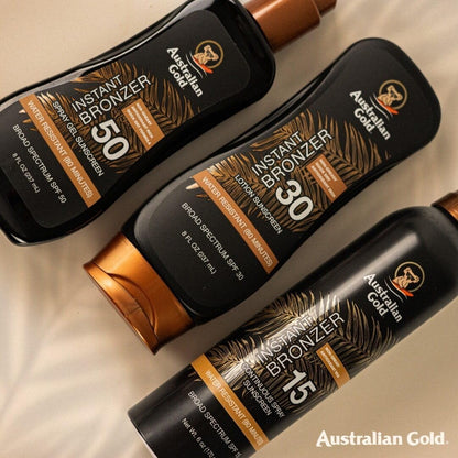 Lifestyle shot of Australian Gold sunscreen on a beach setting