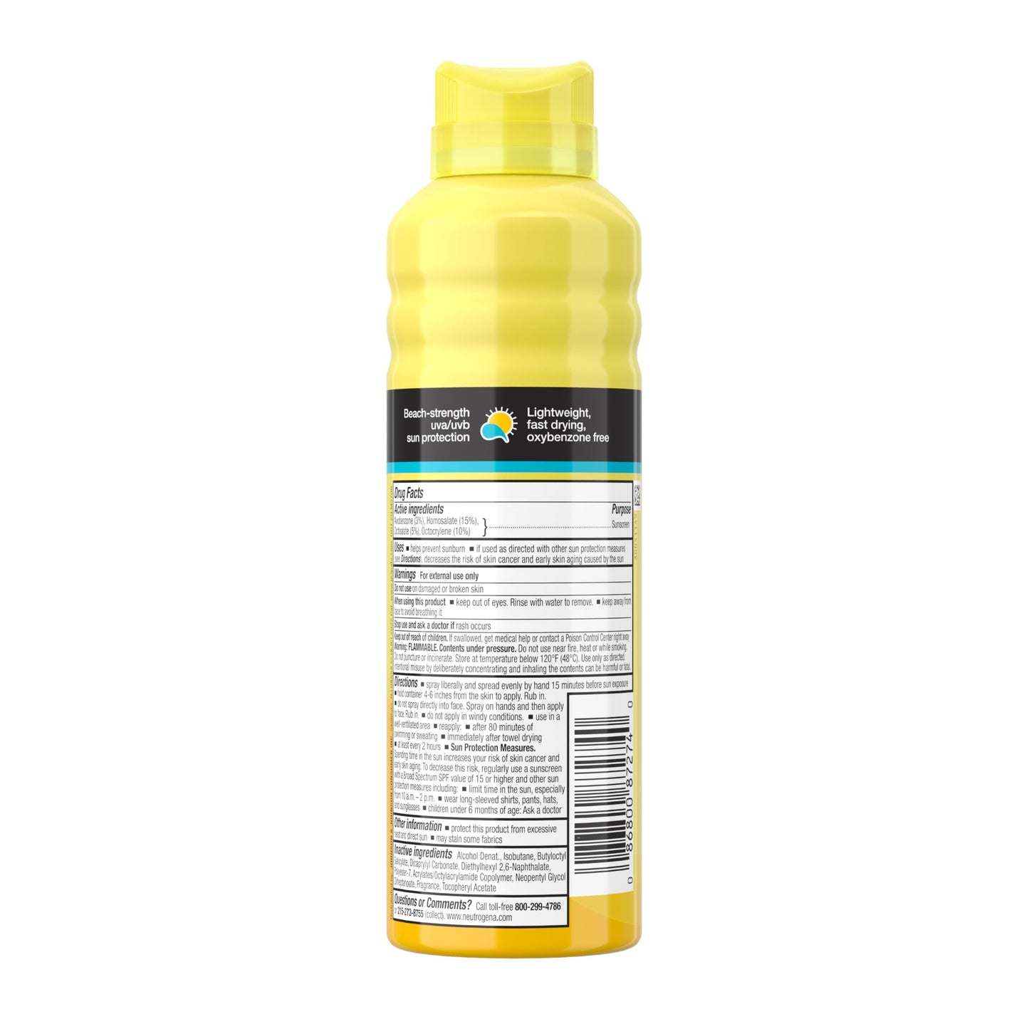 Side profile of Neutrogena 6.5 fluid ounce sunscreen spray