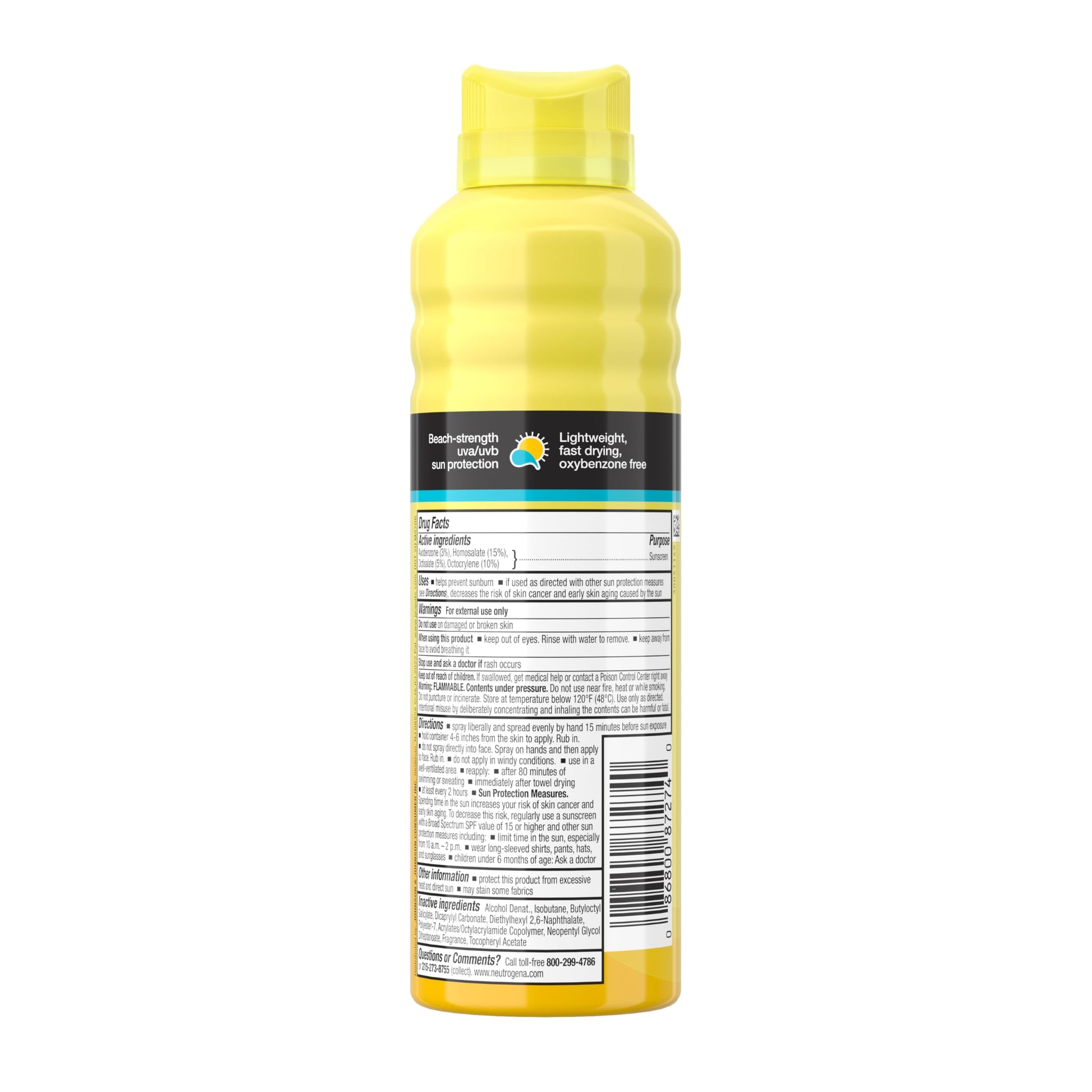 Side profile of Neutrogena 6.5 fluid ounce sunscreen spray