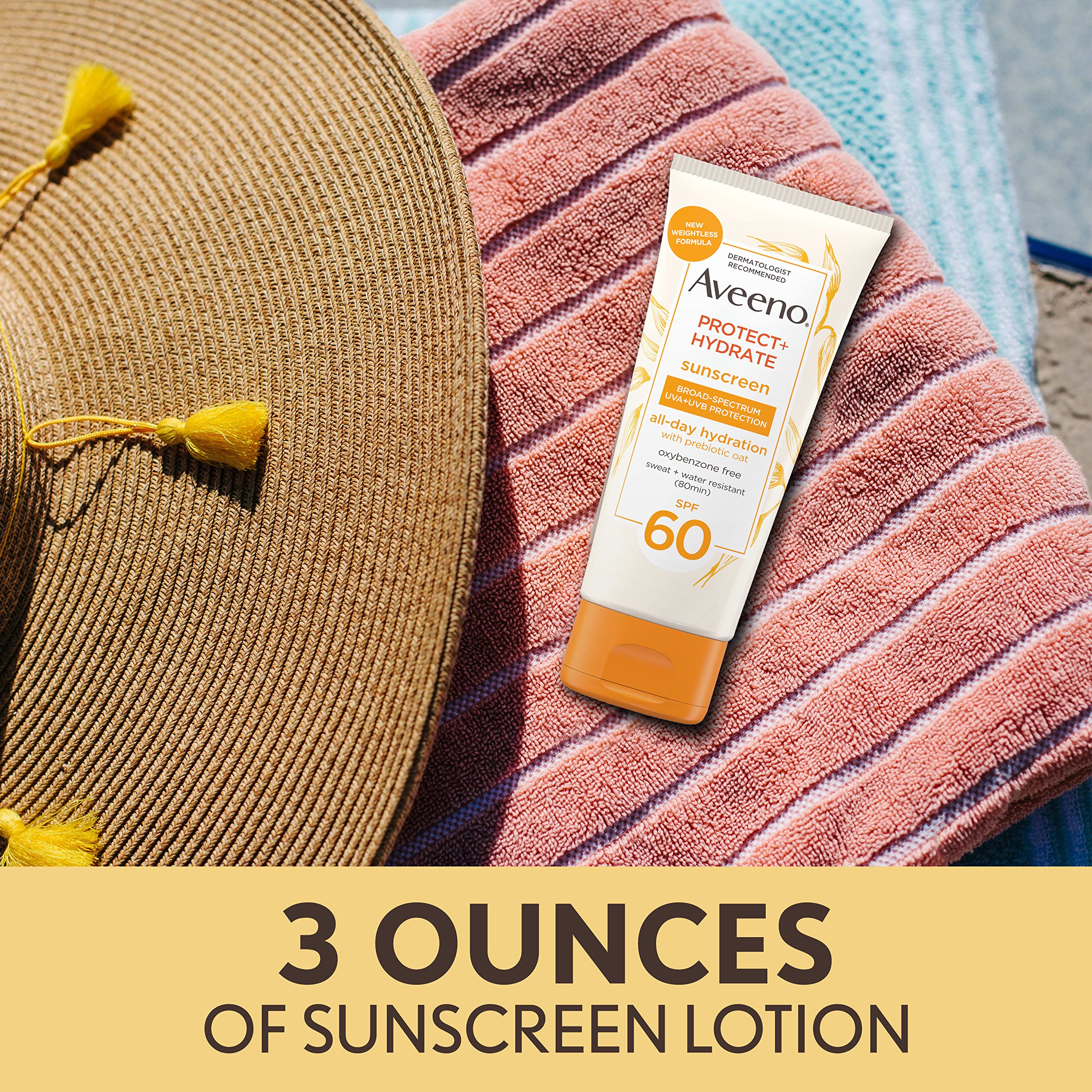 Back label of Aveeno Protect And Hydrate sunscreen showing ingredients