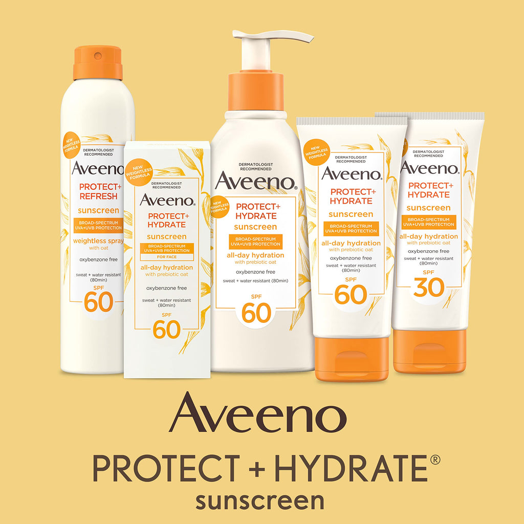Model applying Aveeno moisturizing sunscreen lotion on arm for outdoor protection