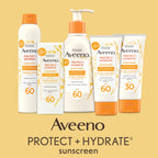Model applying Aveeno moisturizing sunscreen lotion on arm for outdoor protection