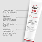 EltaMD UV Sport sunscreen lotion back label showing ingredients