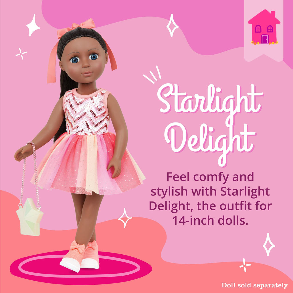 Four piece fourteen inch doll clothing set with tutu dress and star purse