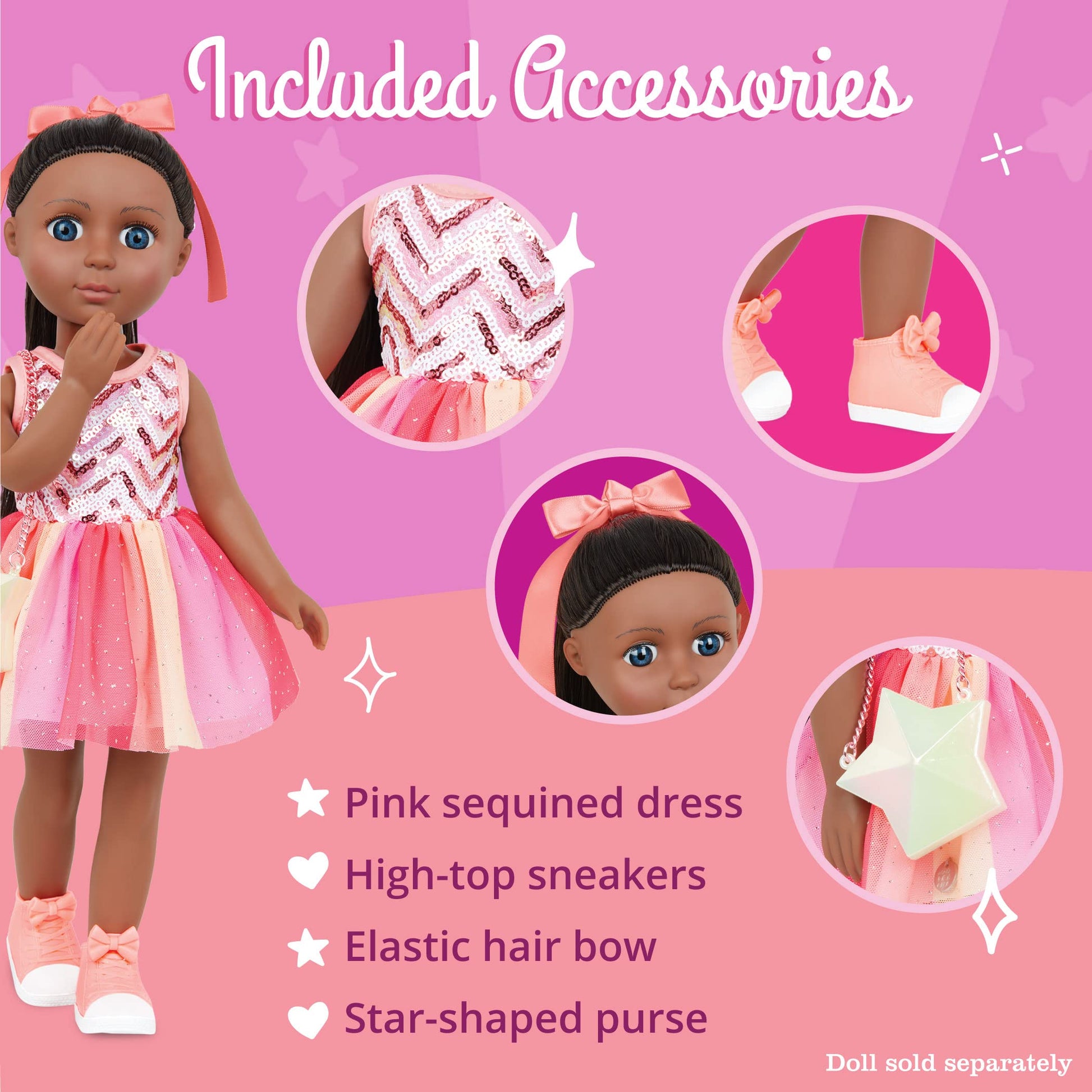 Premium doll accessories including pink high top sneakers with bow details