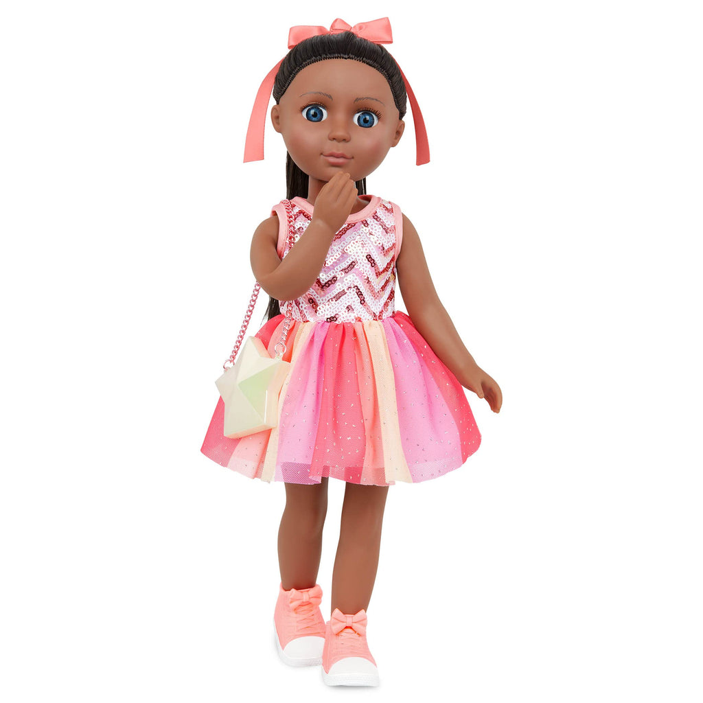 Sparkling pink and peachy sunset hue doll dress displayed on packaging