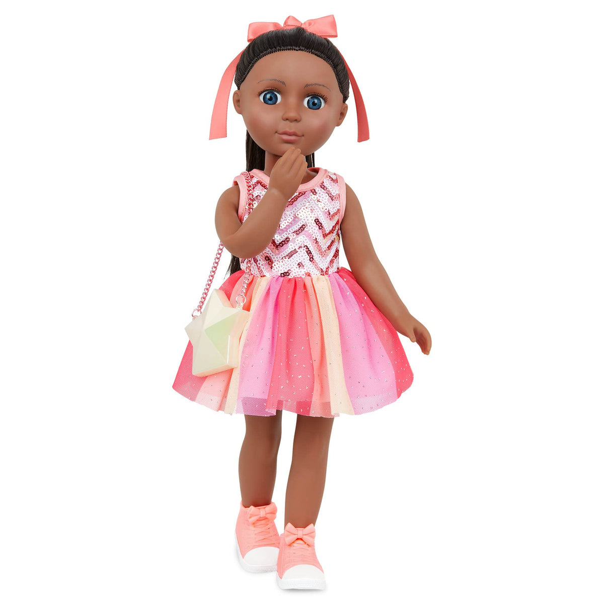Sparkling pink and peachy sunset hue doll dress displayed on packaging
