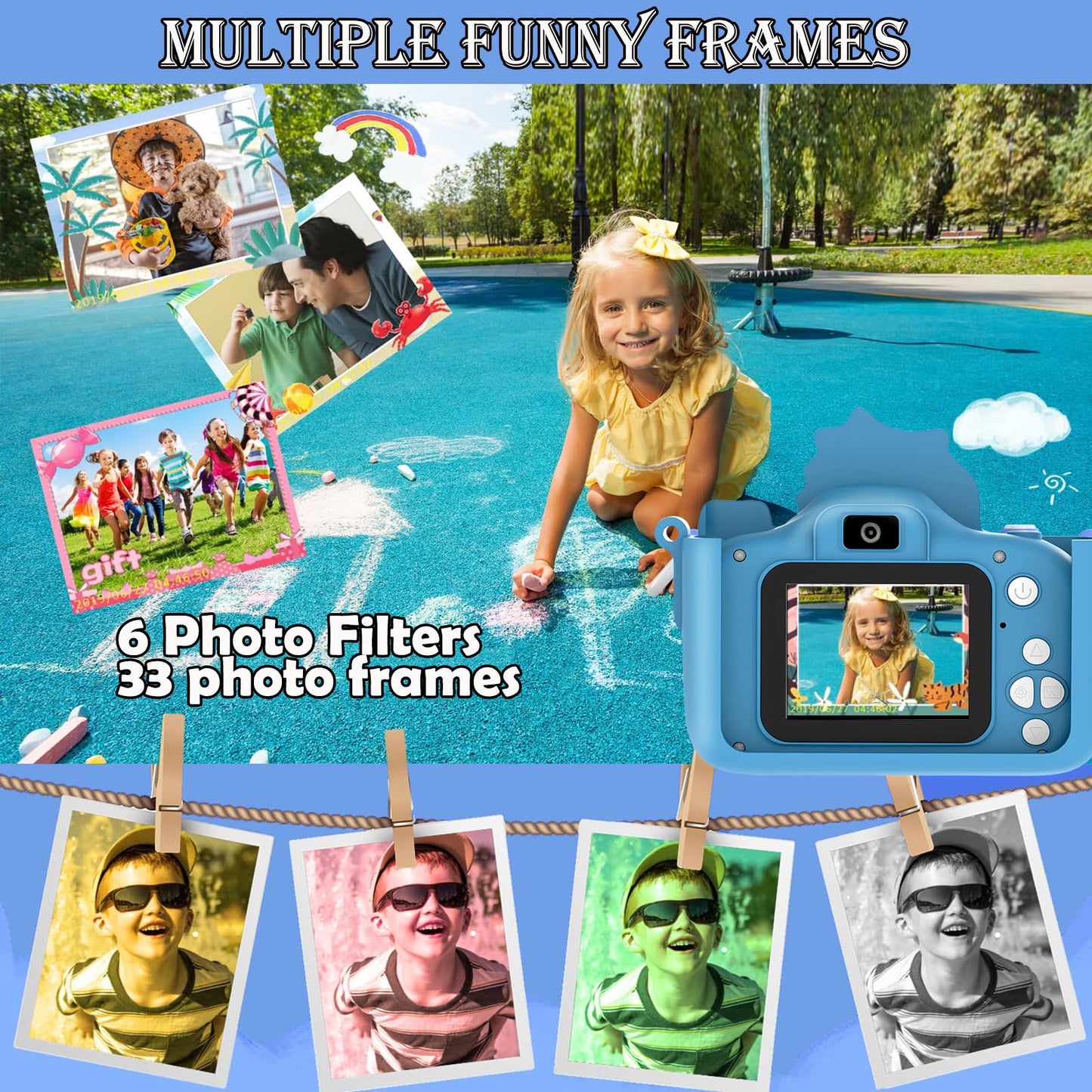 Authentic USA imported toddler HD video camera with blue dinosaur case displayed with its 32GB SD card.