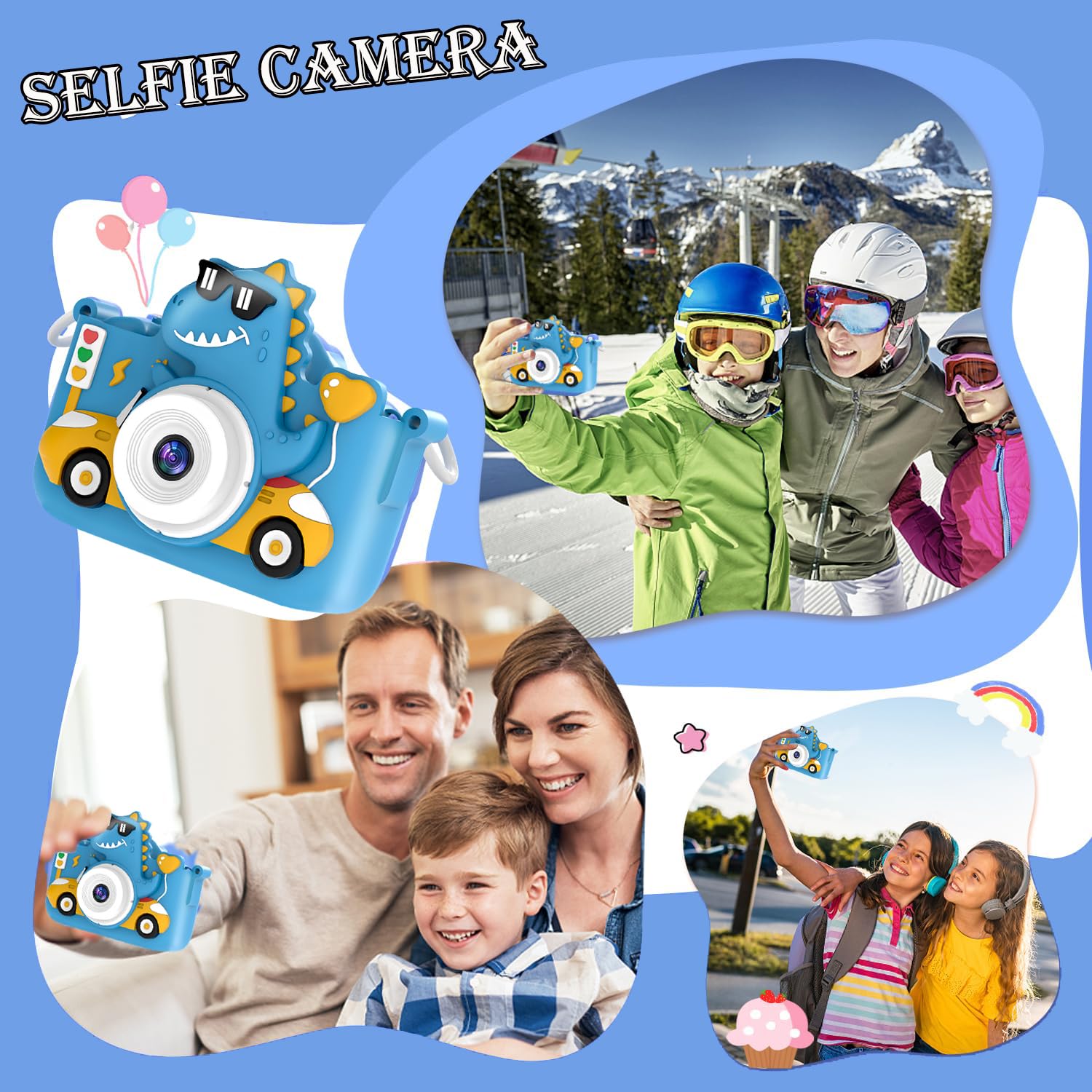 Back view of the blue 1080P selfie toy camera highlighting the clear 2.0 inch screen and buttons.