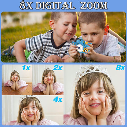Close up view of the durable shockproof silicone dinosaur frame protecting the child digital camera.