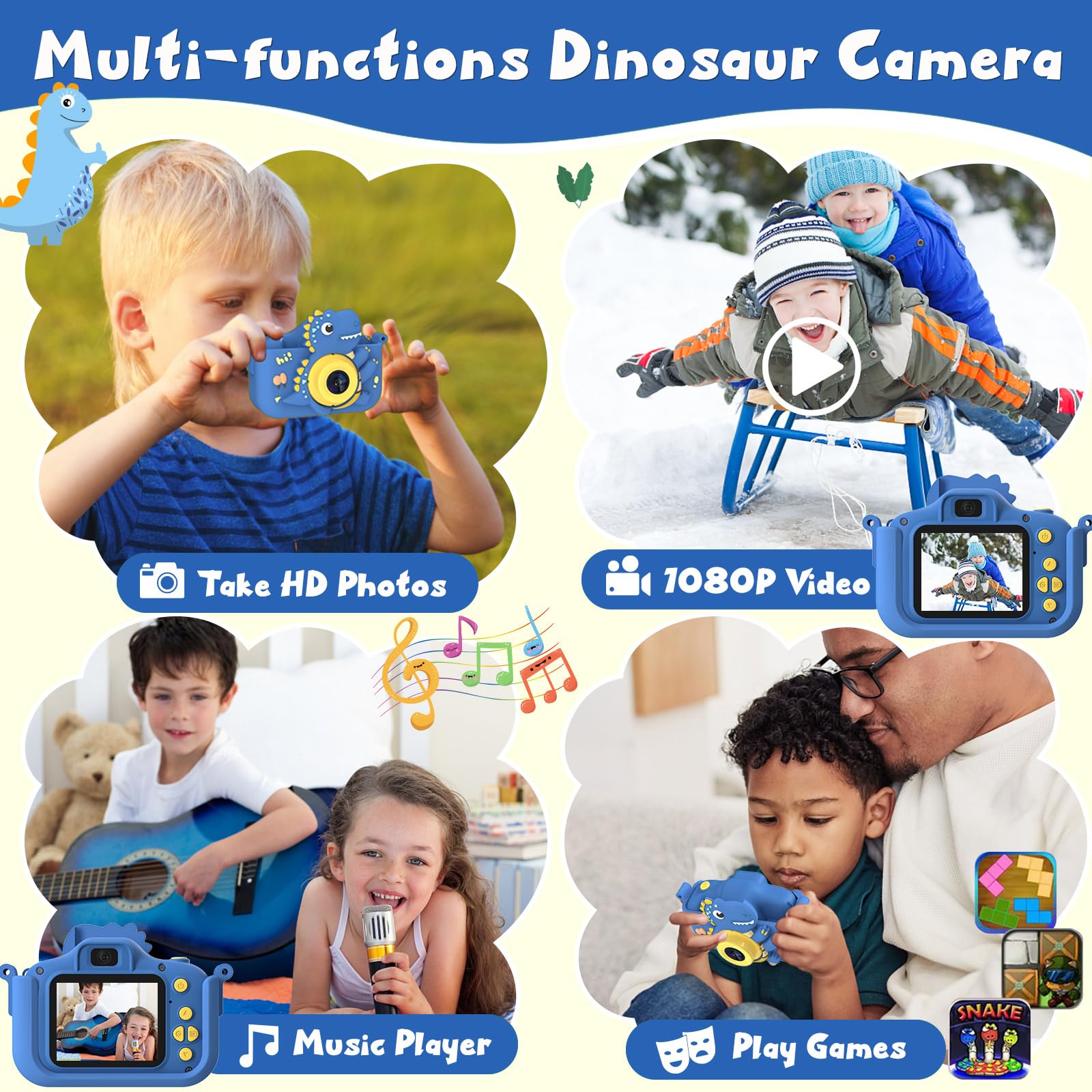 Blue toddler camera by NIDOOT highlighting the dual selfie lens feature and compact design for small hands.